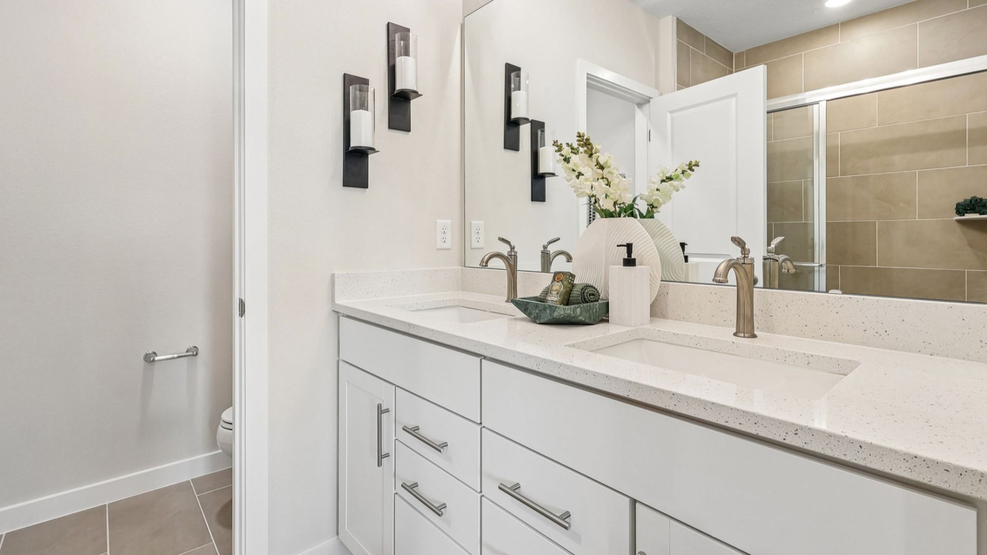 Flagler Floor Plan Primary Suite Bathroom with Dual Sink Vanity and Quartz Countertops