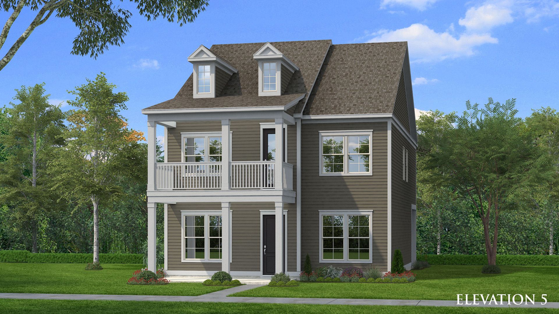 Brown Hardie siding exterior with second floor balcony
