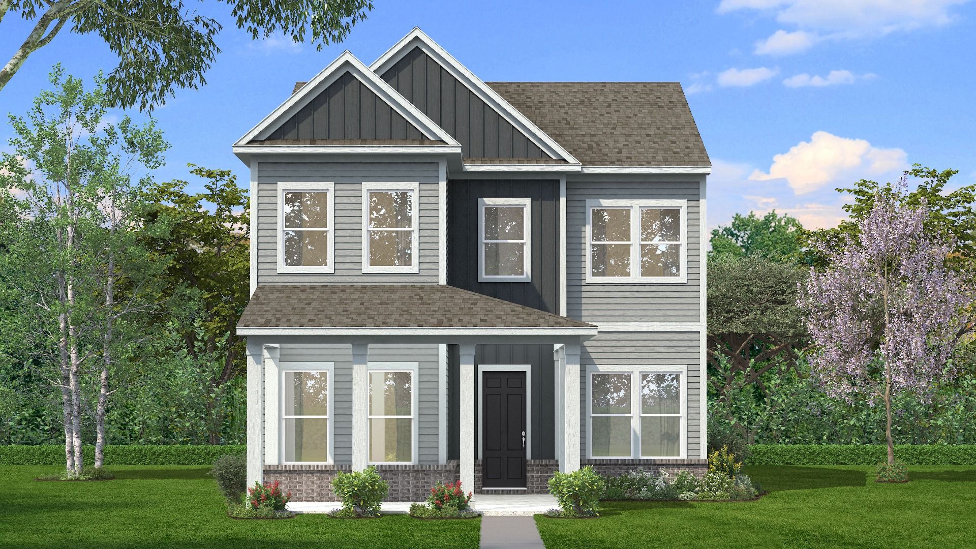 Exterior with two-tone Hardie siding with accents and covered front porch and brick water table