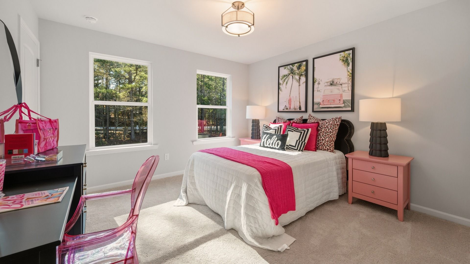 Bedroom with bright natural lighting from windows and carpet