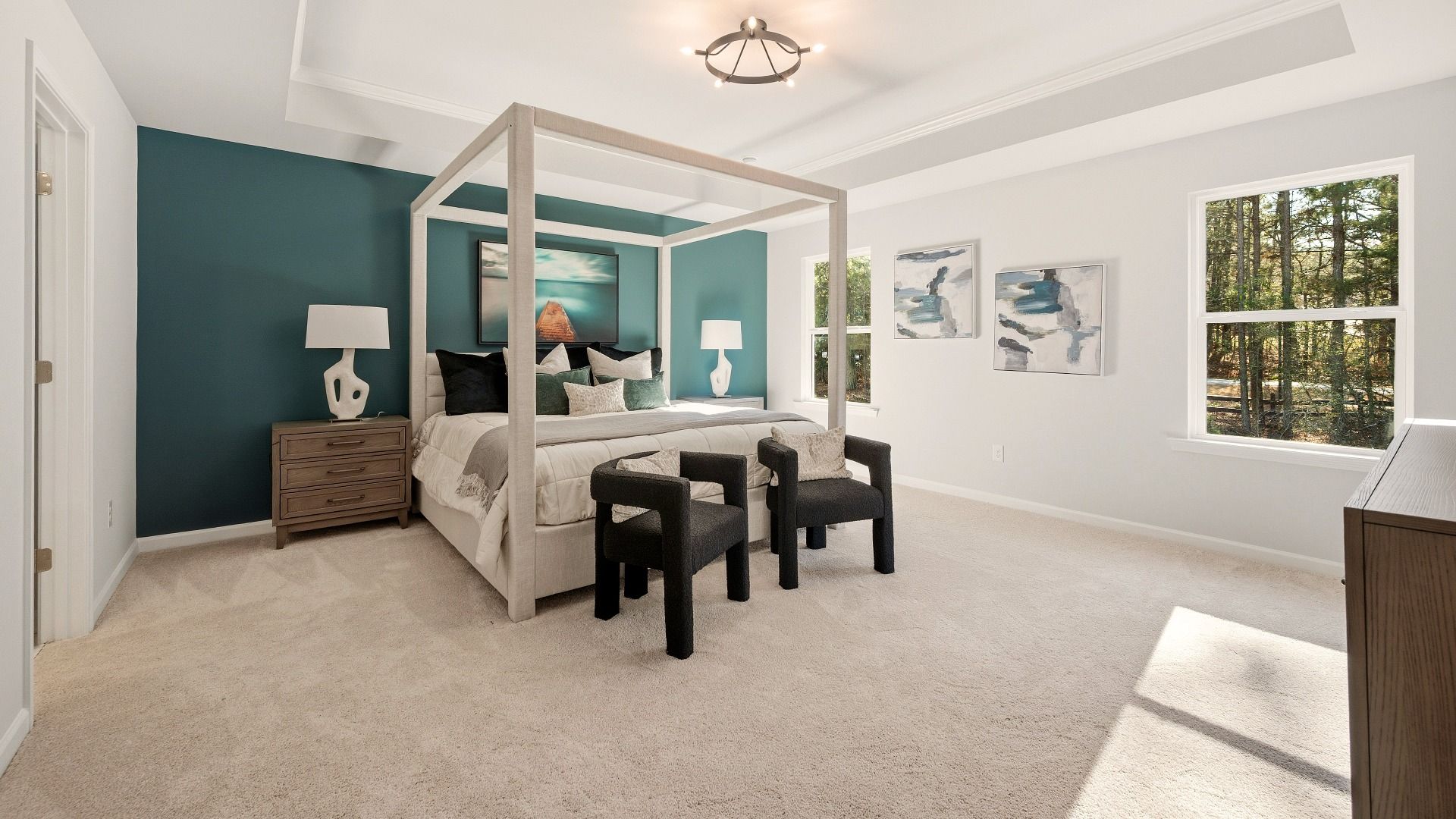 Primary suite with tray ceiling, carpet, and bright natural lighting from windows