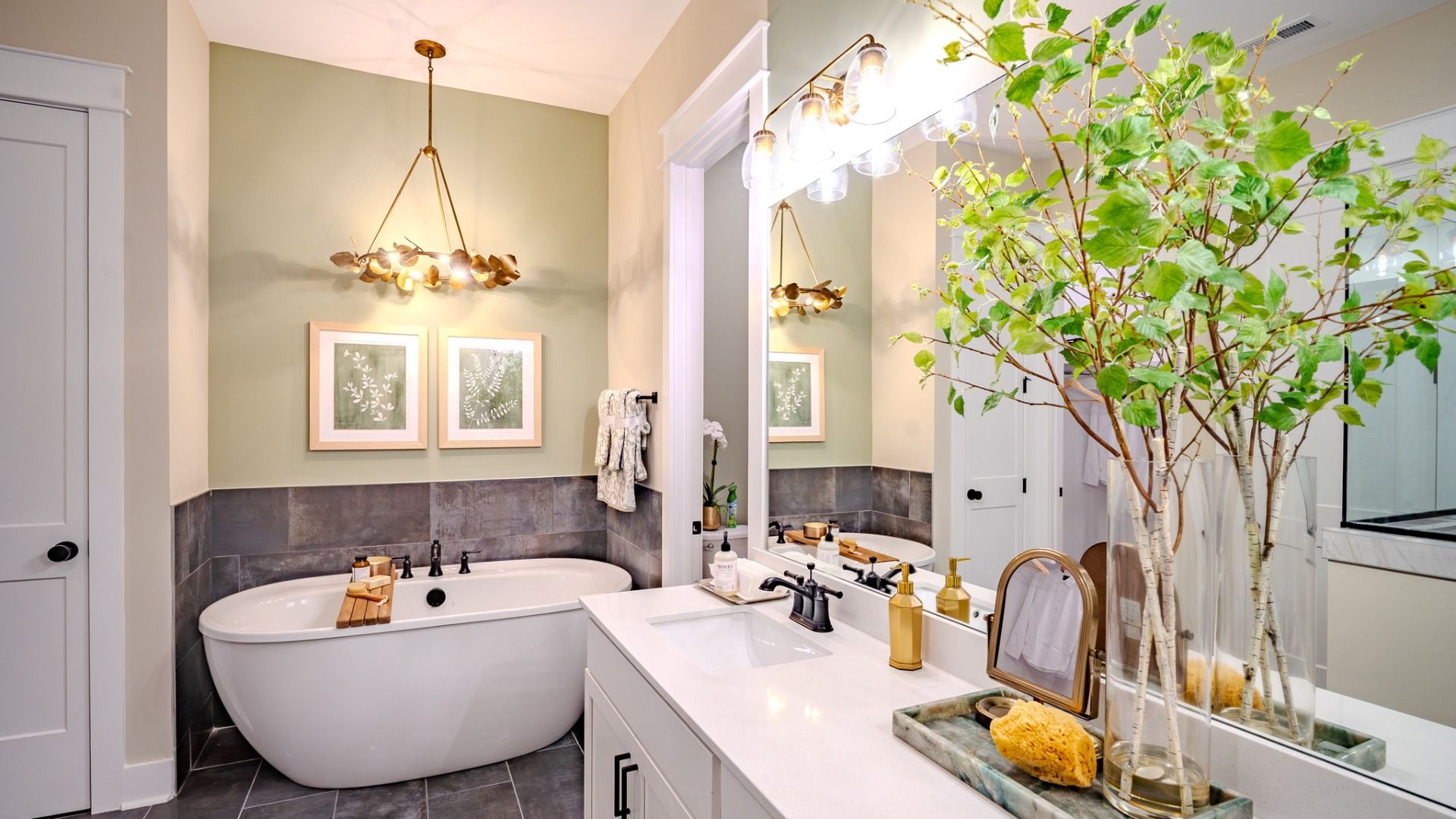 Primary bathroom with dual vanity and soaking tub
