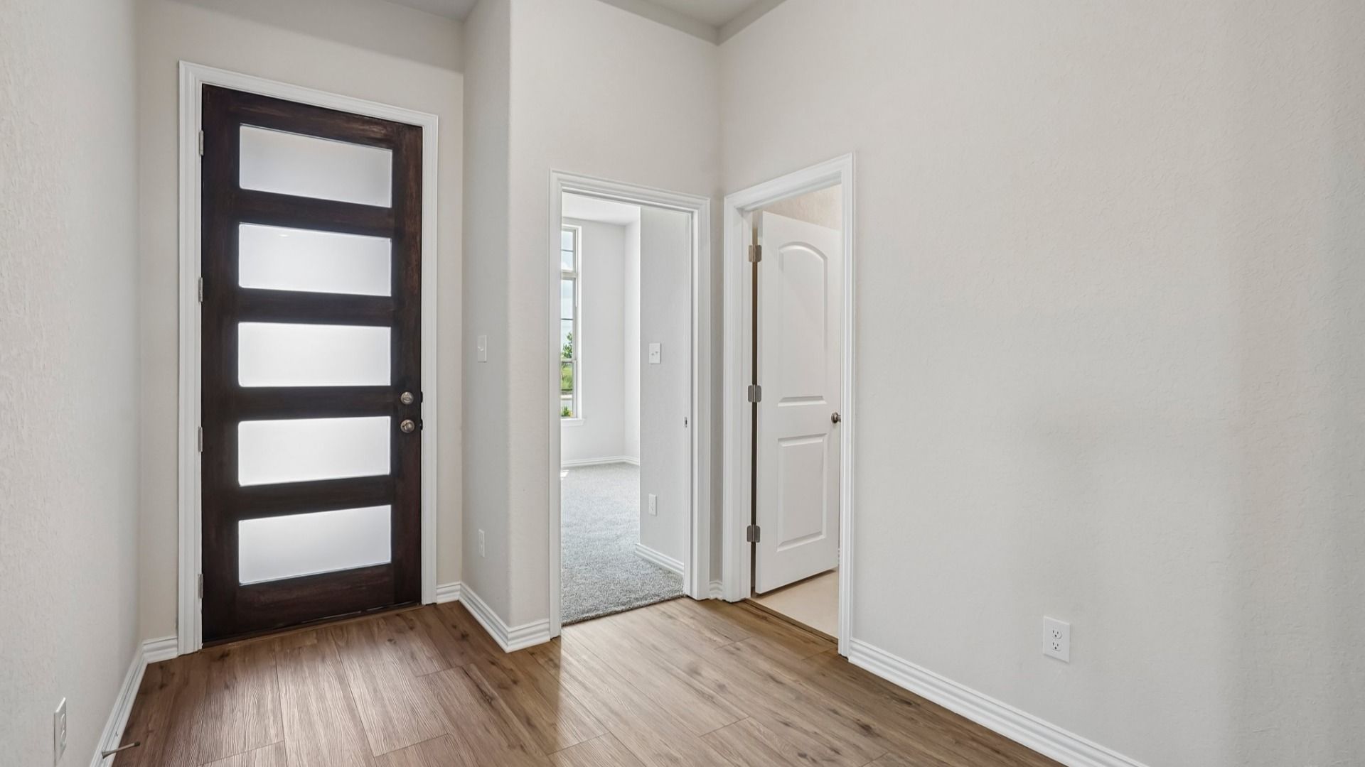 Modern front door with sleek glass paneling, offering contemporary style, natural light, and durability.