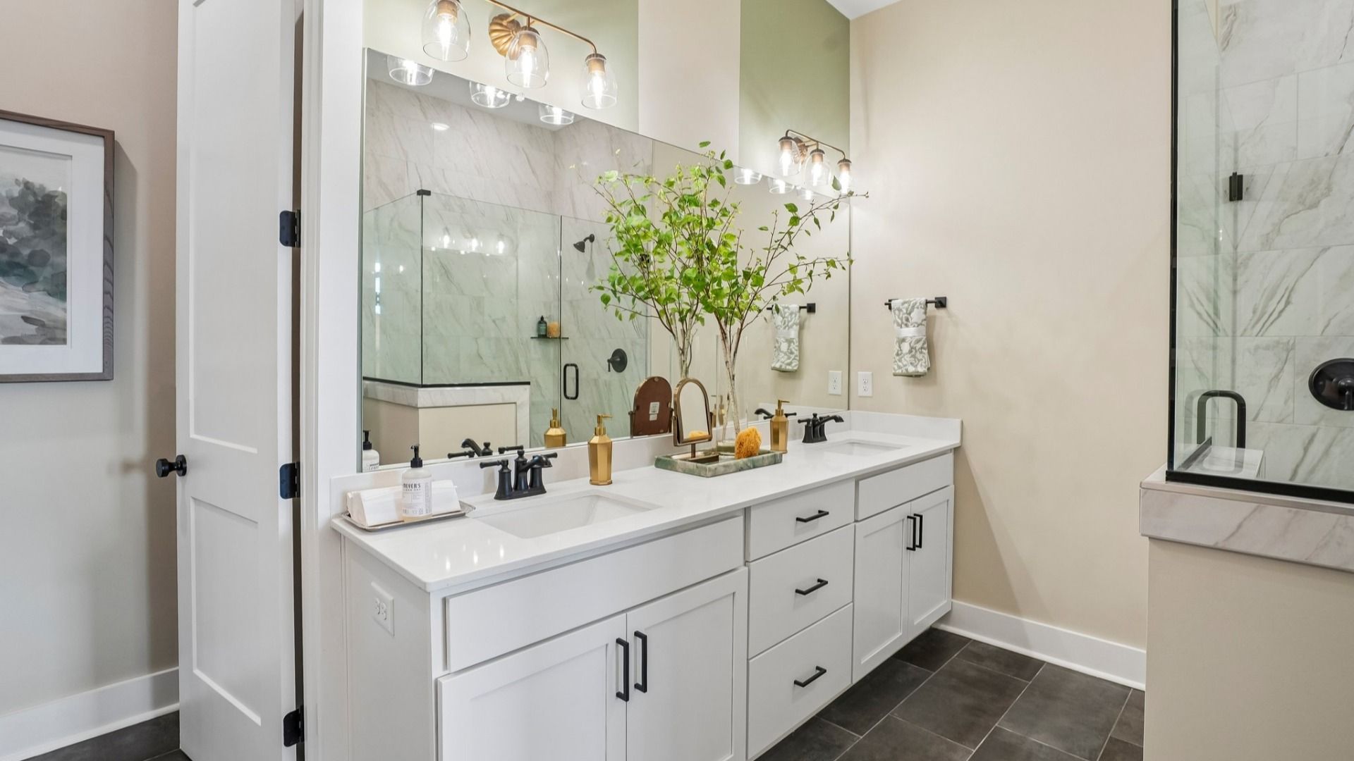 Primary bathroom with dual vanity