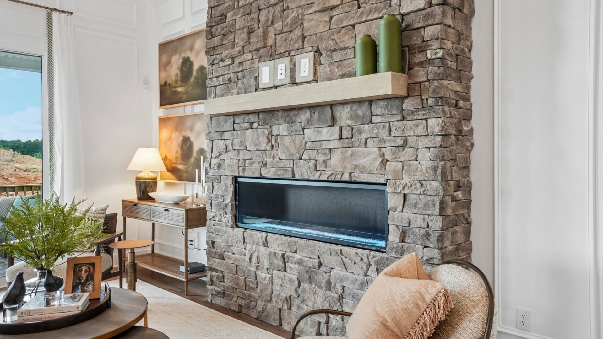 Close-up of gathering room with focus on the brick fireplace