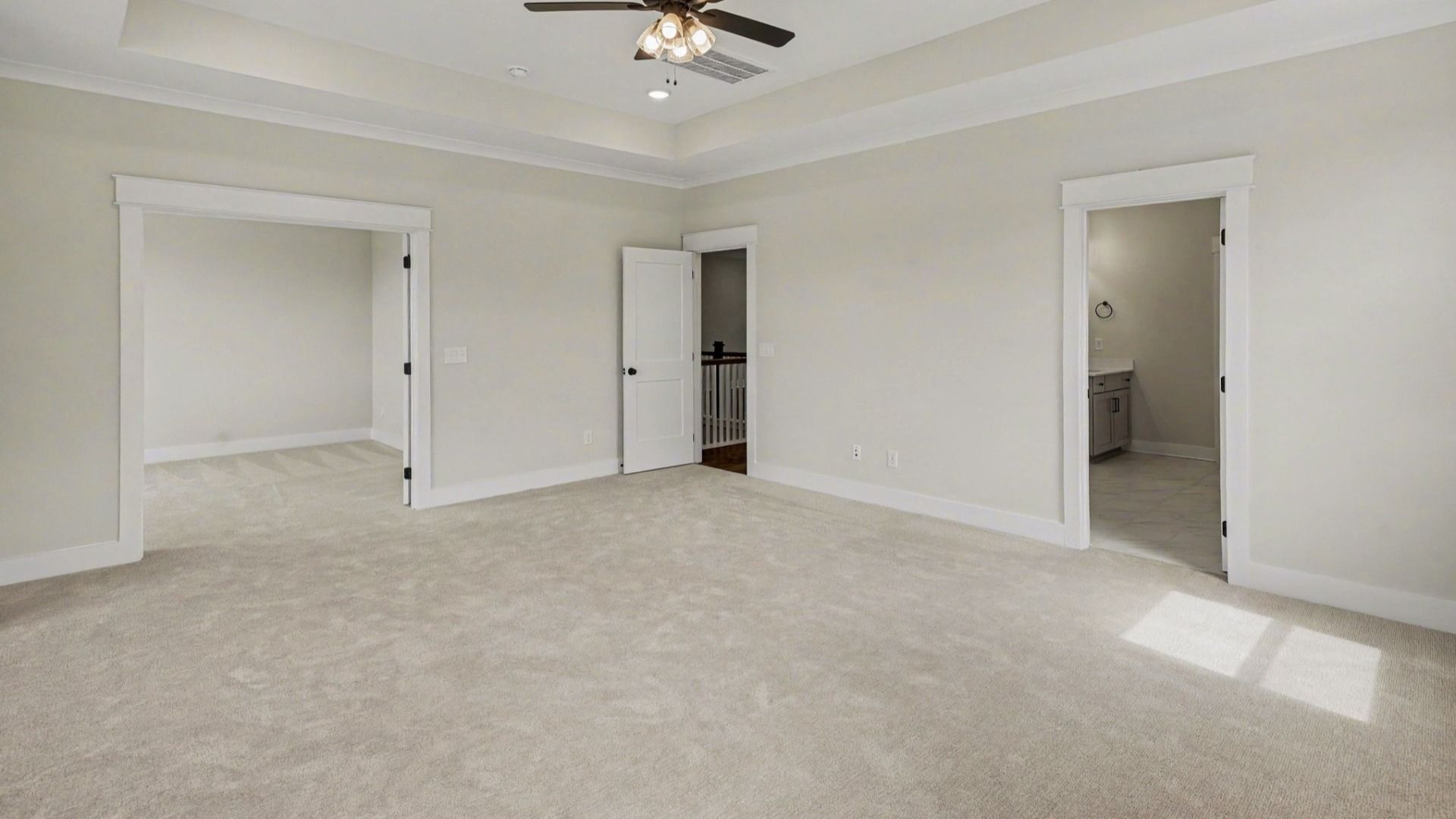 Primary suite with tray ceiling, ceiling fan, and carpet