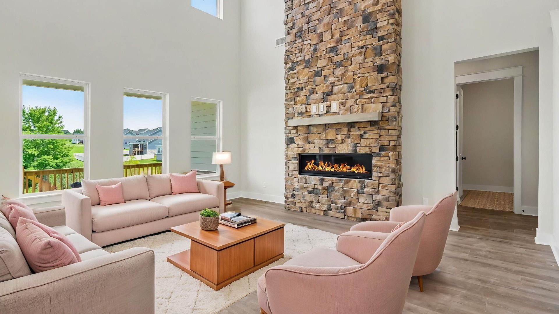 Gathering room with stone fireplace, high ceilings, and hard surface flooring
