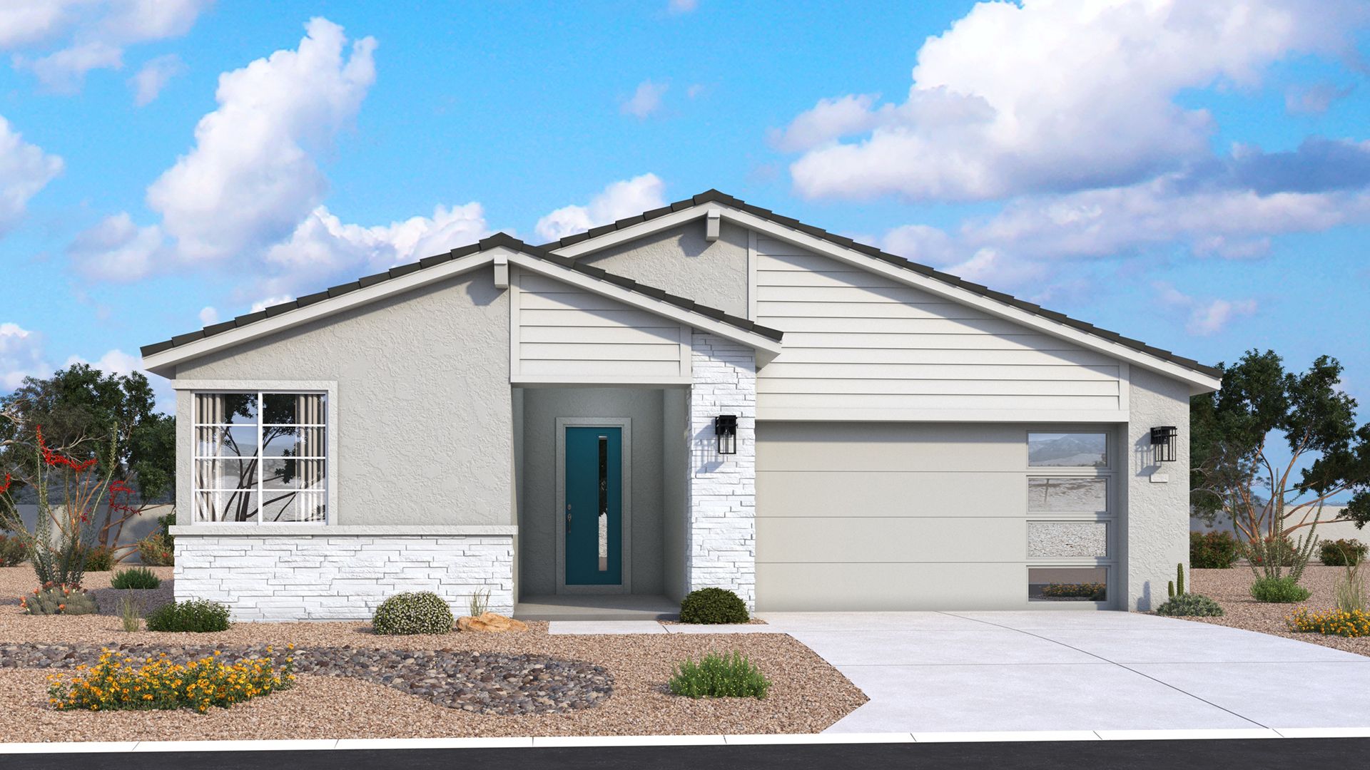 Contemporary Bartlett new construction single-family home by DRB Homes, with stone accents, clean rooflines and bold details.