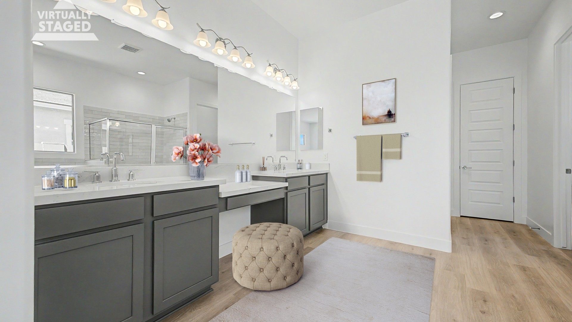 Staged primary bathroom in move-in ready home by DRB Homes at Hacienda at Estrella, 16825 W. Ardmore Rd., Goodyear, AZ 85338