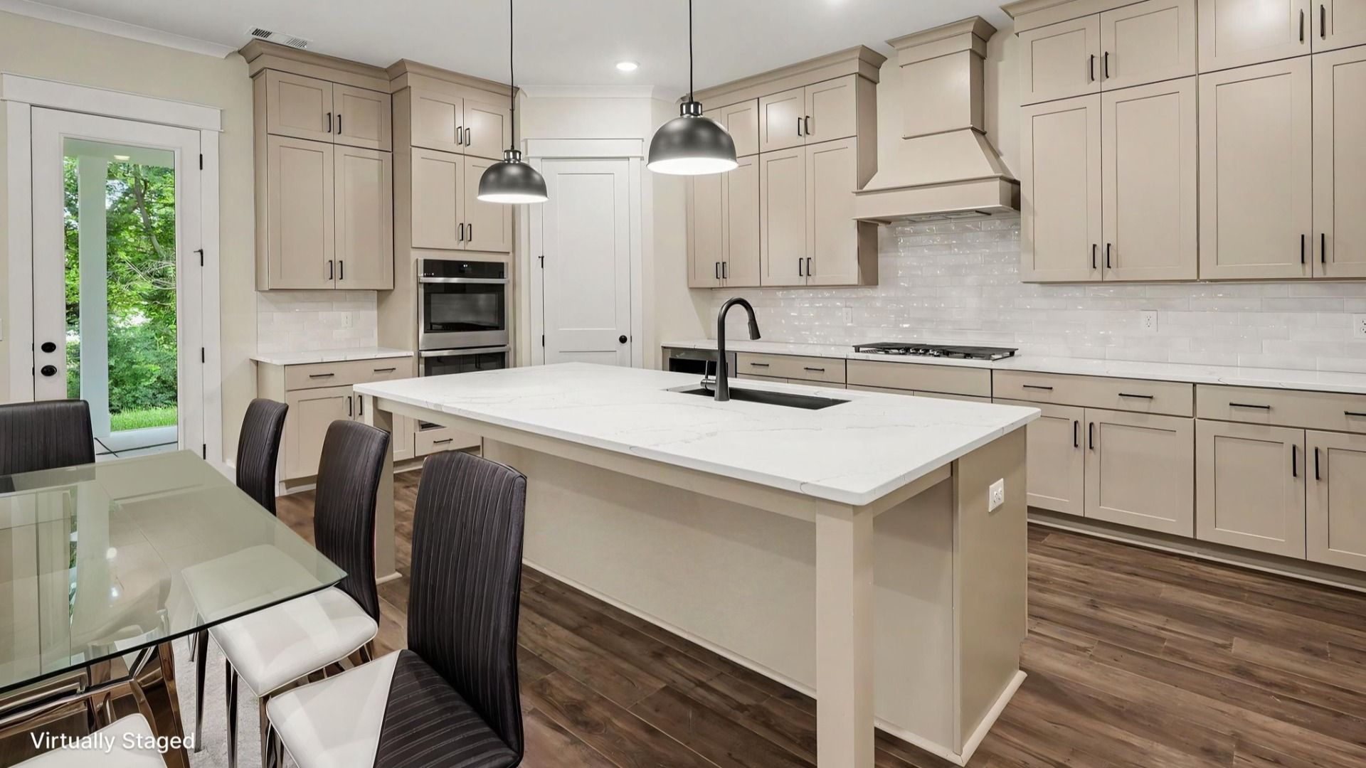 Virtual Staging of kitchen with quartz countertops, tile backsplash, and upgraded kitchen