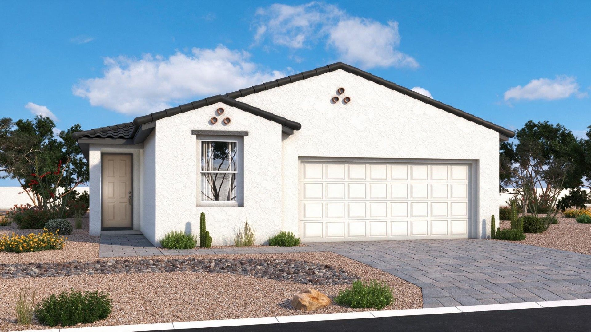 Magma Ranch Prescott Elevation A Spanish-style new home exterior from DRB Homes in Florence, Arizona, with desert curb appeal