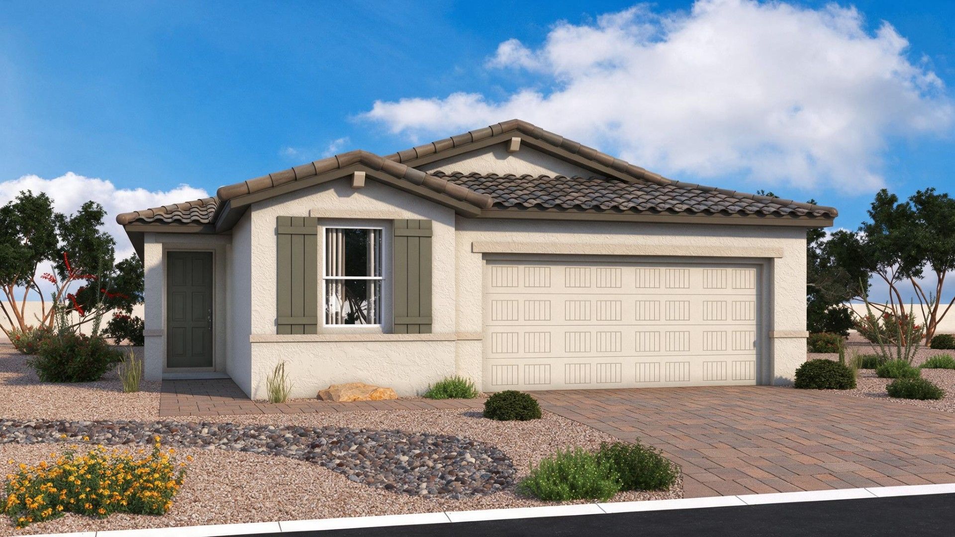 Prescott Elevation B at Magma Ranch features Tucson-inspired design and desert landscaping in Florence, Arizona by DRB Homes.