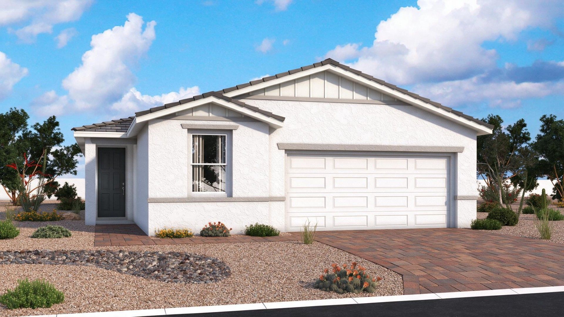 Discover the Prescott Elevation C at Magma Ranch, a charming Craftsman-style home by DRB Homes in Florence, AZ.