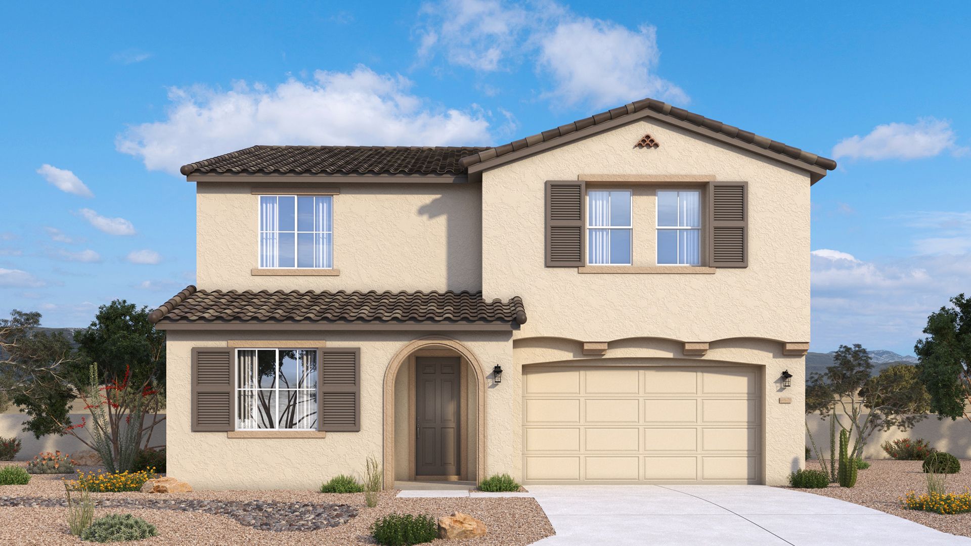Spanish-style Powell home exterior with warm stucco, arched details and a timeless desert character by DRB Homes in Arizona.