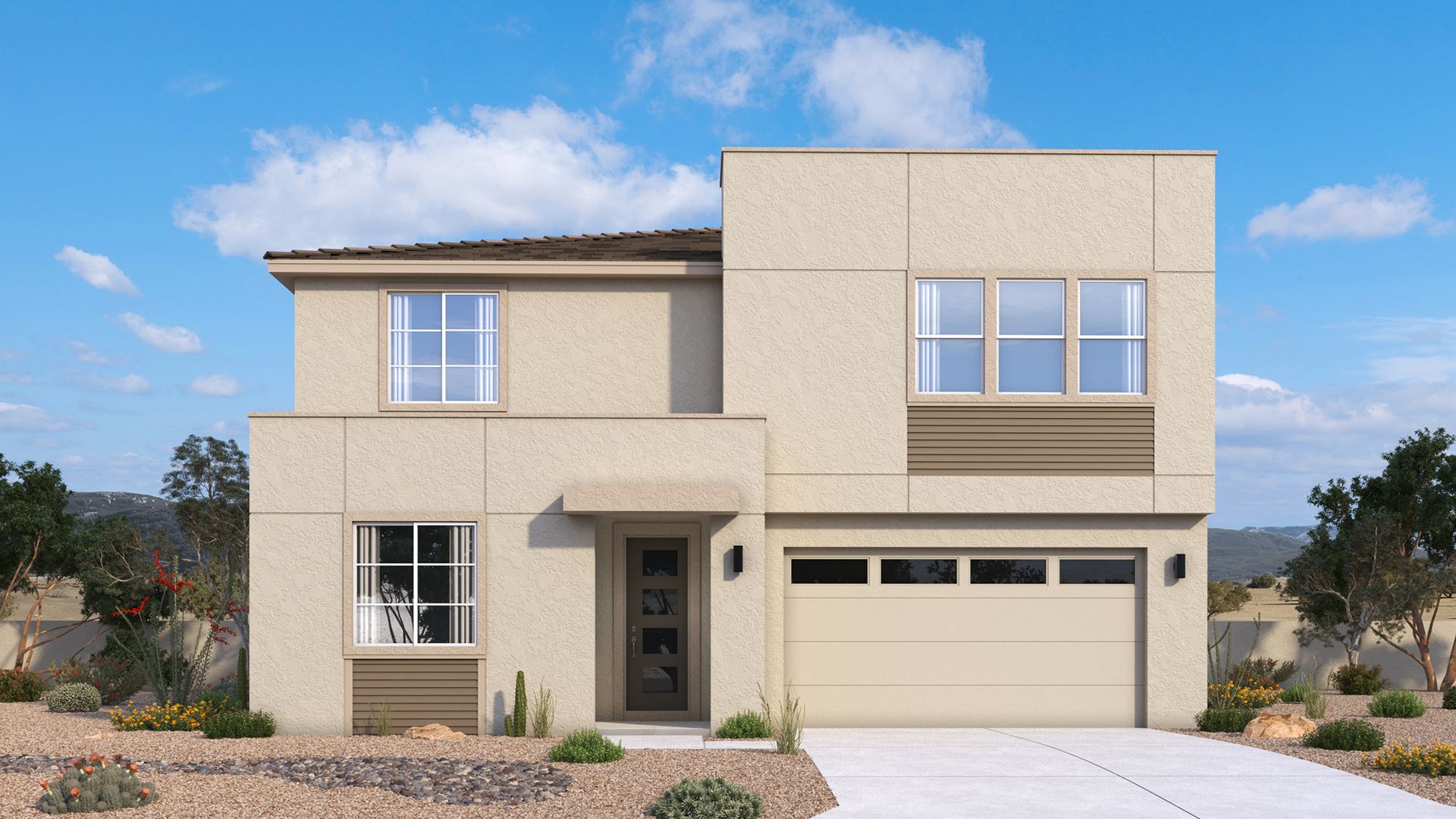 Modern Powell home exterior with strong lines, balanced proportions and clean architectural details by DRB Homes in Arizona.
