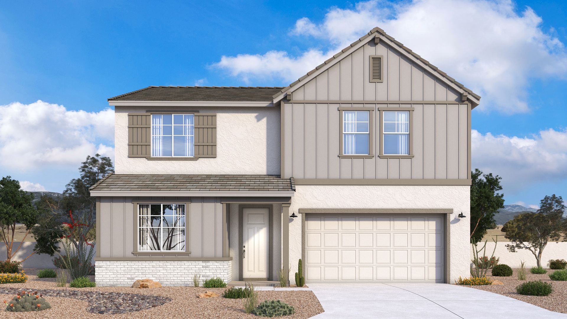 Farmhouse-style Powell home exterior with clean lines, warm, welcoming details and timeless character by DRB Homes in Arizona