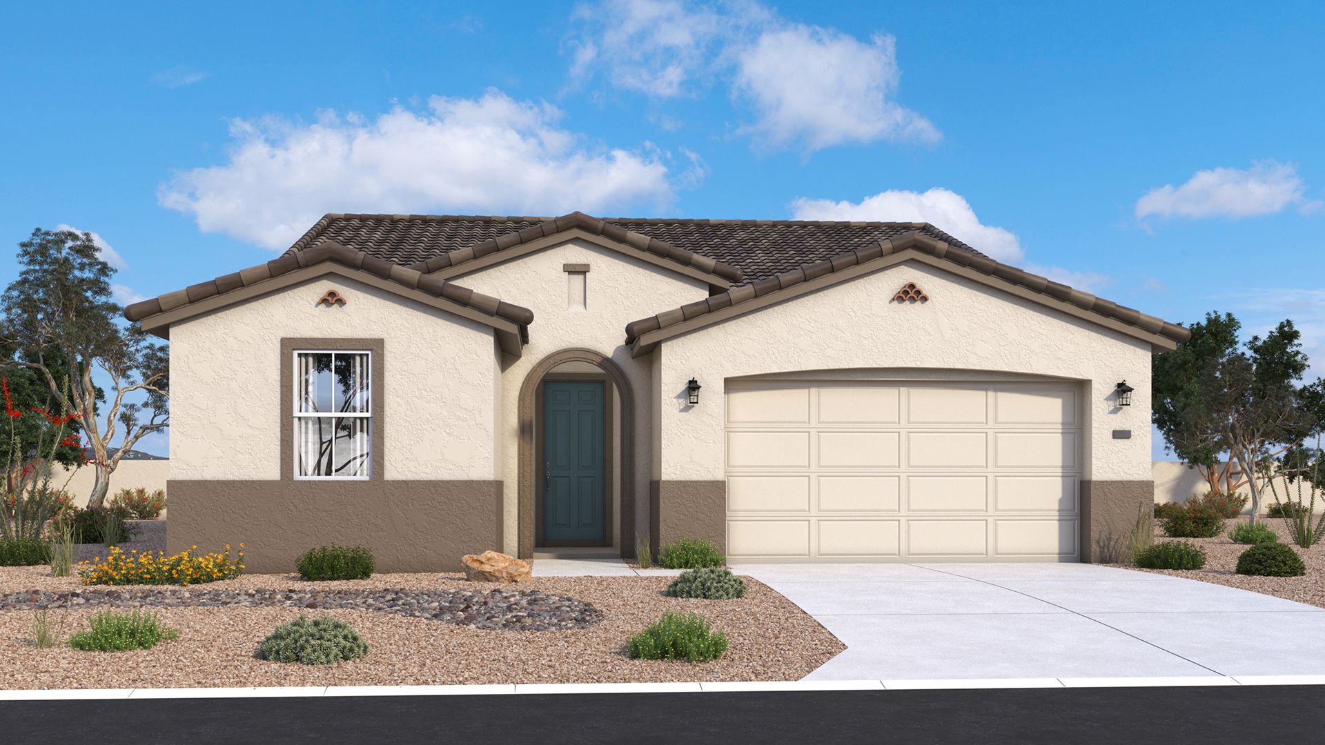 Spanish-style single-level Horseshoe exterior with warm stucco, arches and timeless desert character by DRB Homes in Arizona.