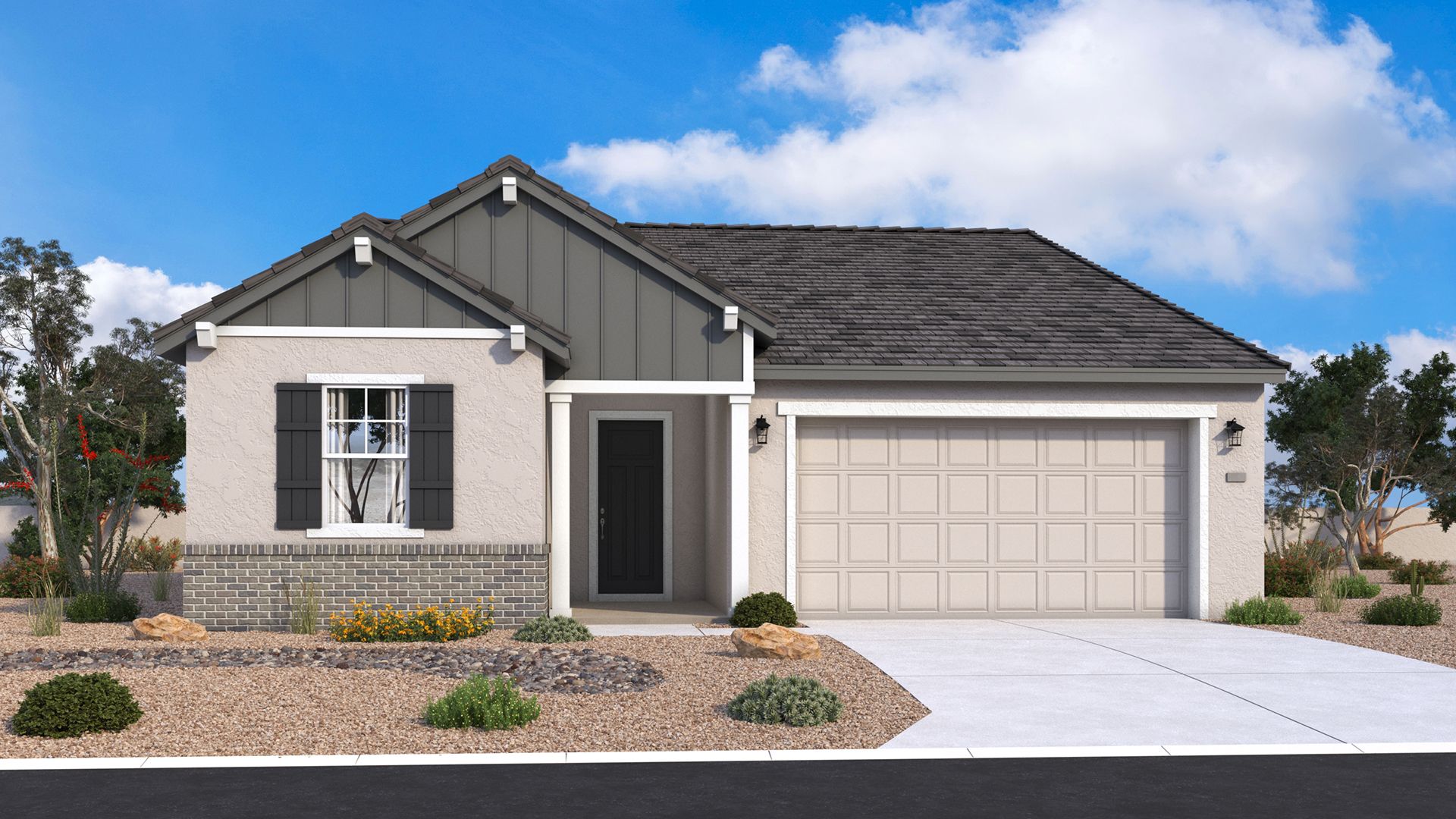 Farmhouse-style single-level Horseshoe exterior with clean lines, welcoming details, timeless character by DRB Homes Arizona