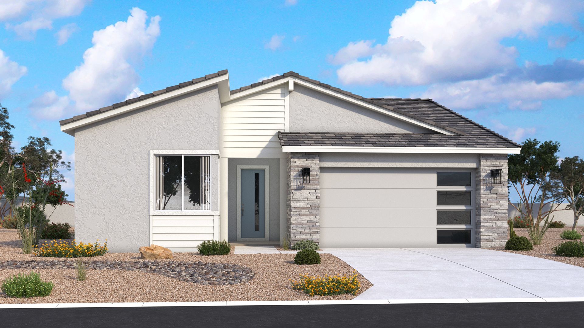 Mid-century modern single-level Horseshoe exterior with strong, clean lines and architectural details by DRB Homes in Arizona