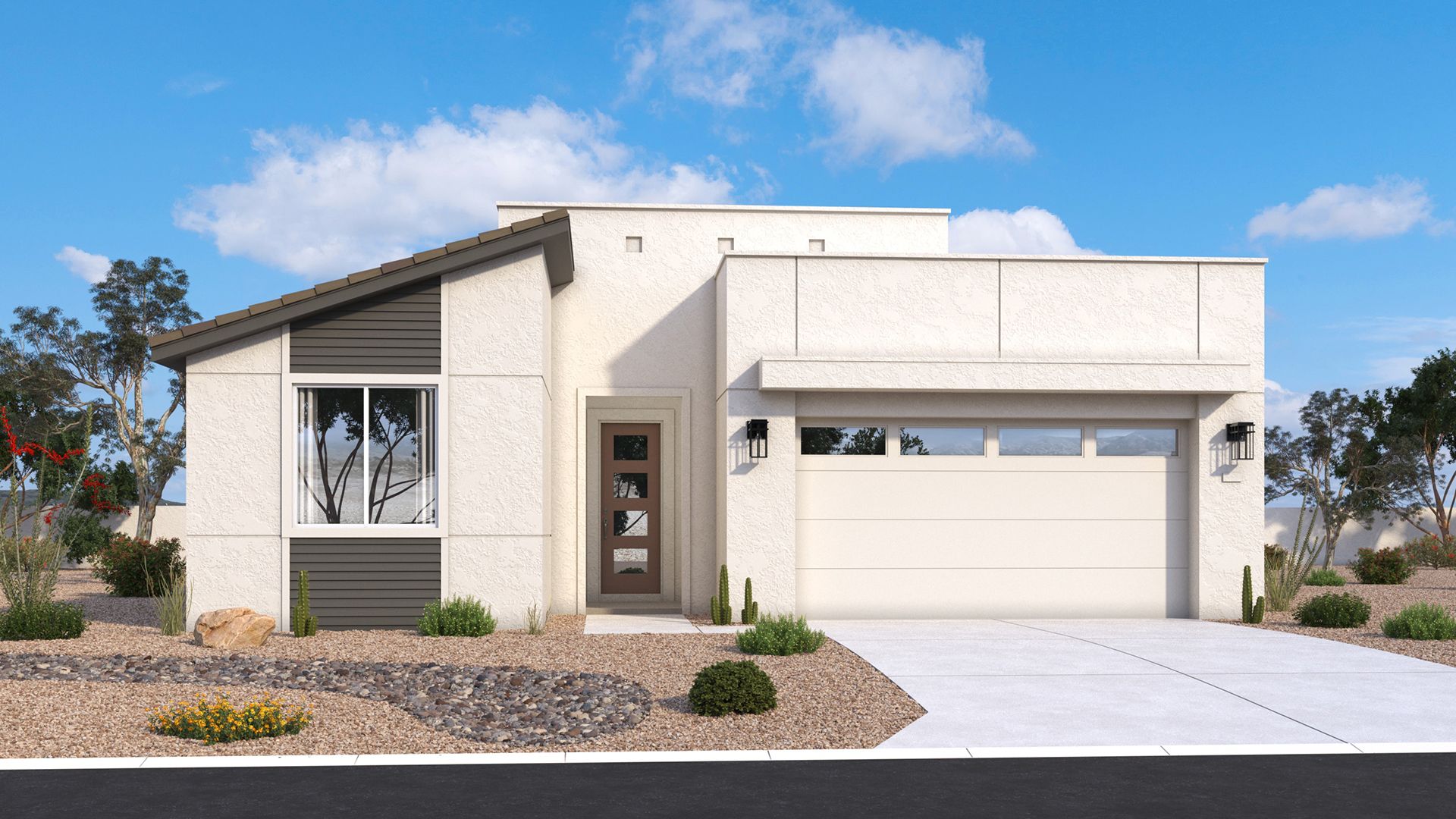 Modern single-level Horseshoe exterior with bold lines, balanced form and fine architectural details by DRB Homes in Arizona