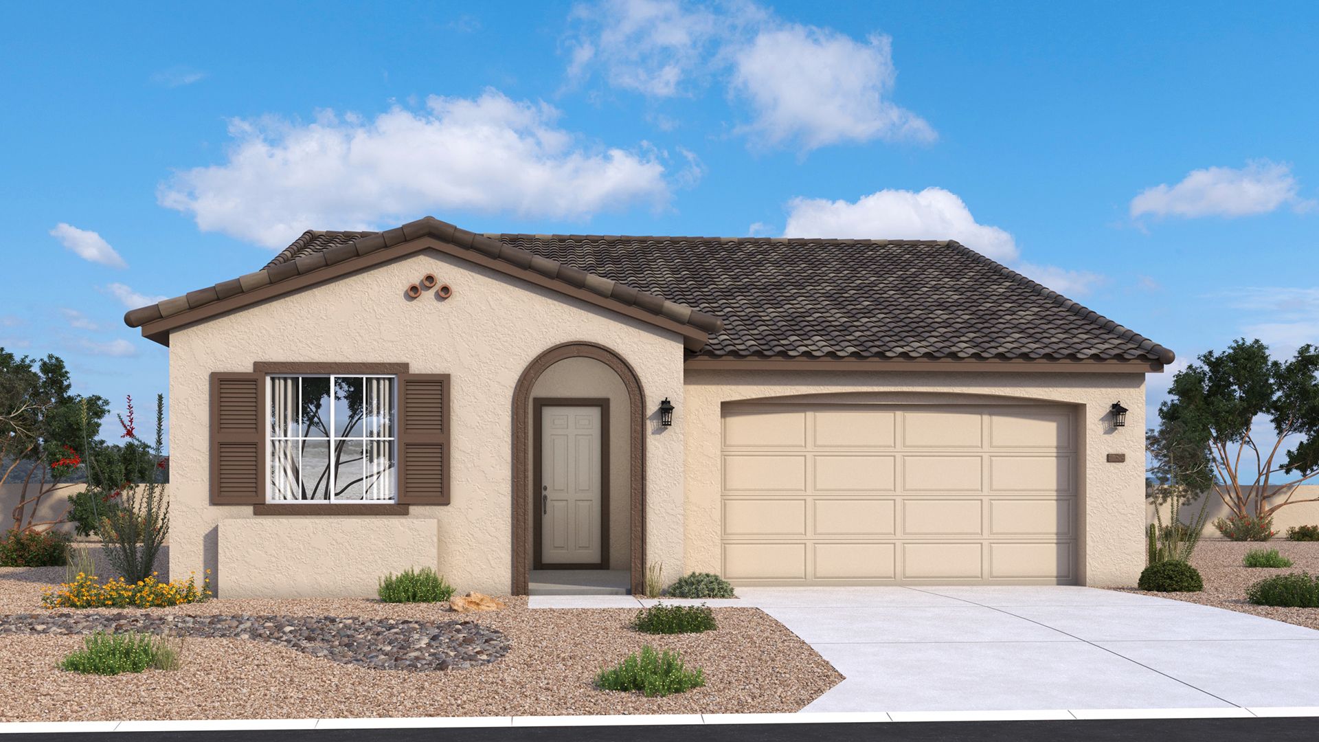 Spanish-style Bartlett home exterior with warm stucco, tiled roof and classic architectural details by DRB Homes in Arizona.