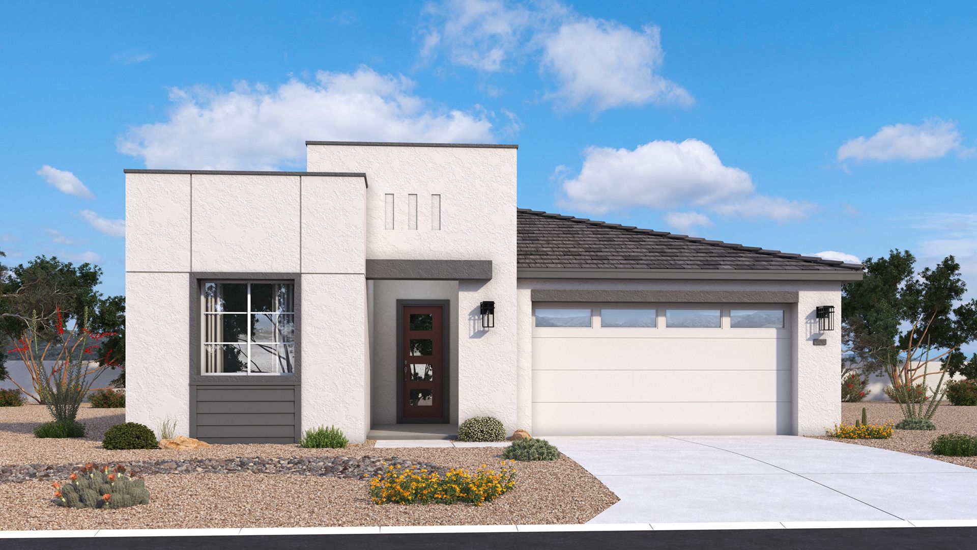 New modern Bartlett home exterior with bold rooflines, clean lines and striking architectural details by DRB Homes in Arizona