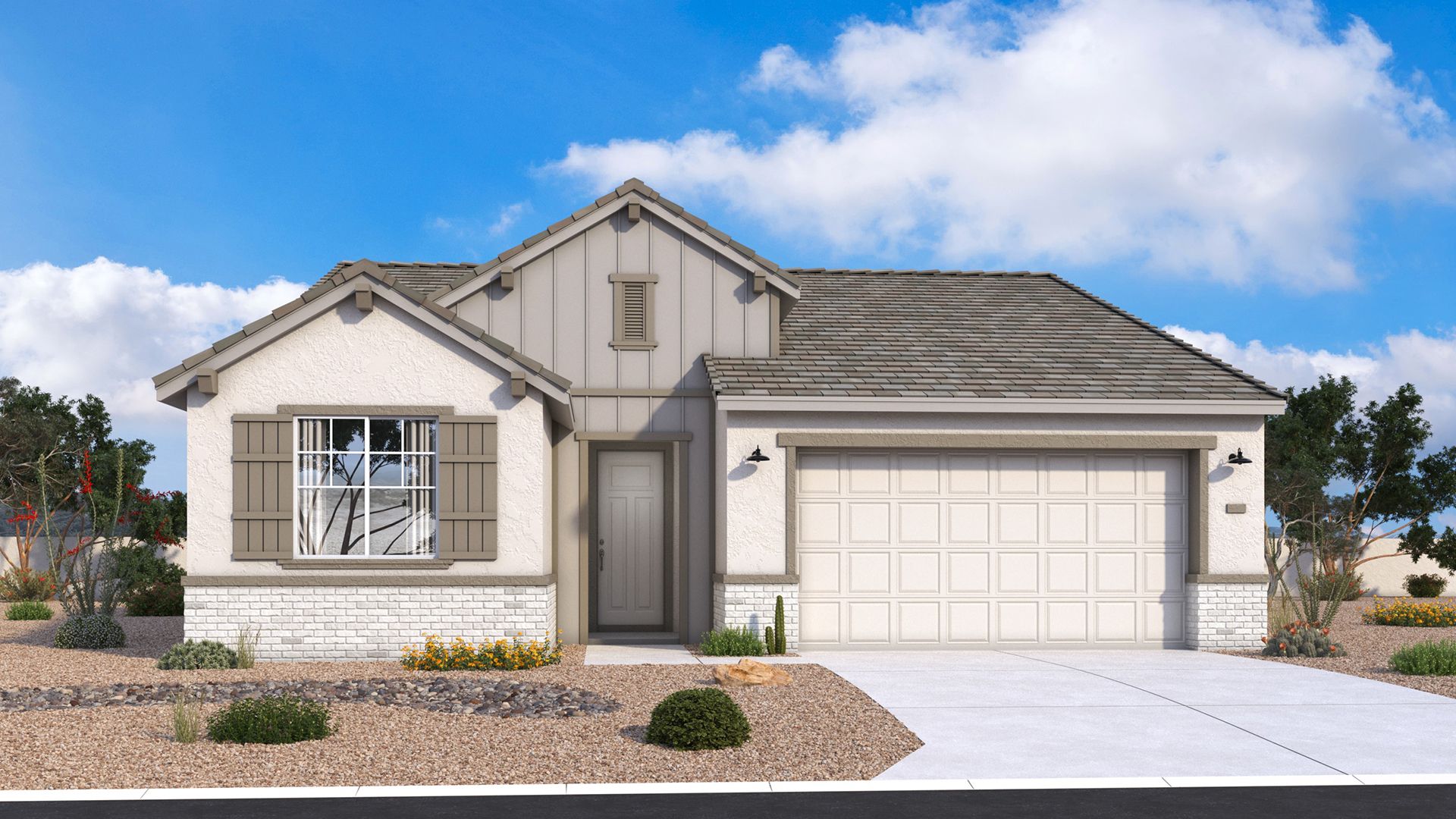 Farmhouse-style Bartlett exterior with a pitched roof, clean lines and classic architectural details by DRB Homes in Arizona.