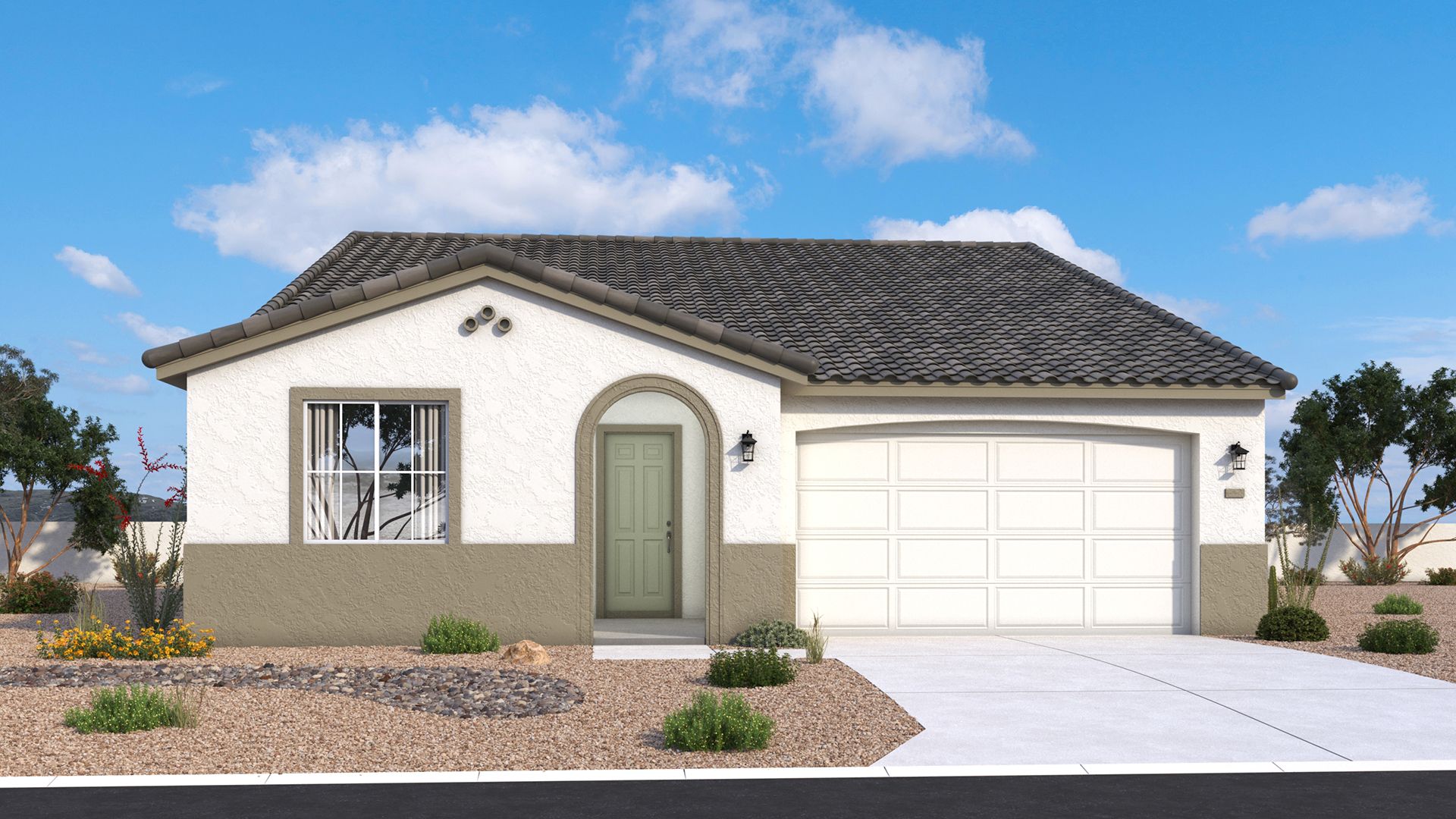 Spanish-style single-level Mead home exterior with warm stucco, arches and timeless desert character by DRB Homes in Arizona.