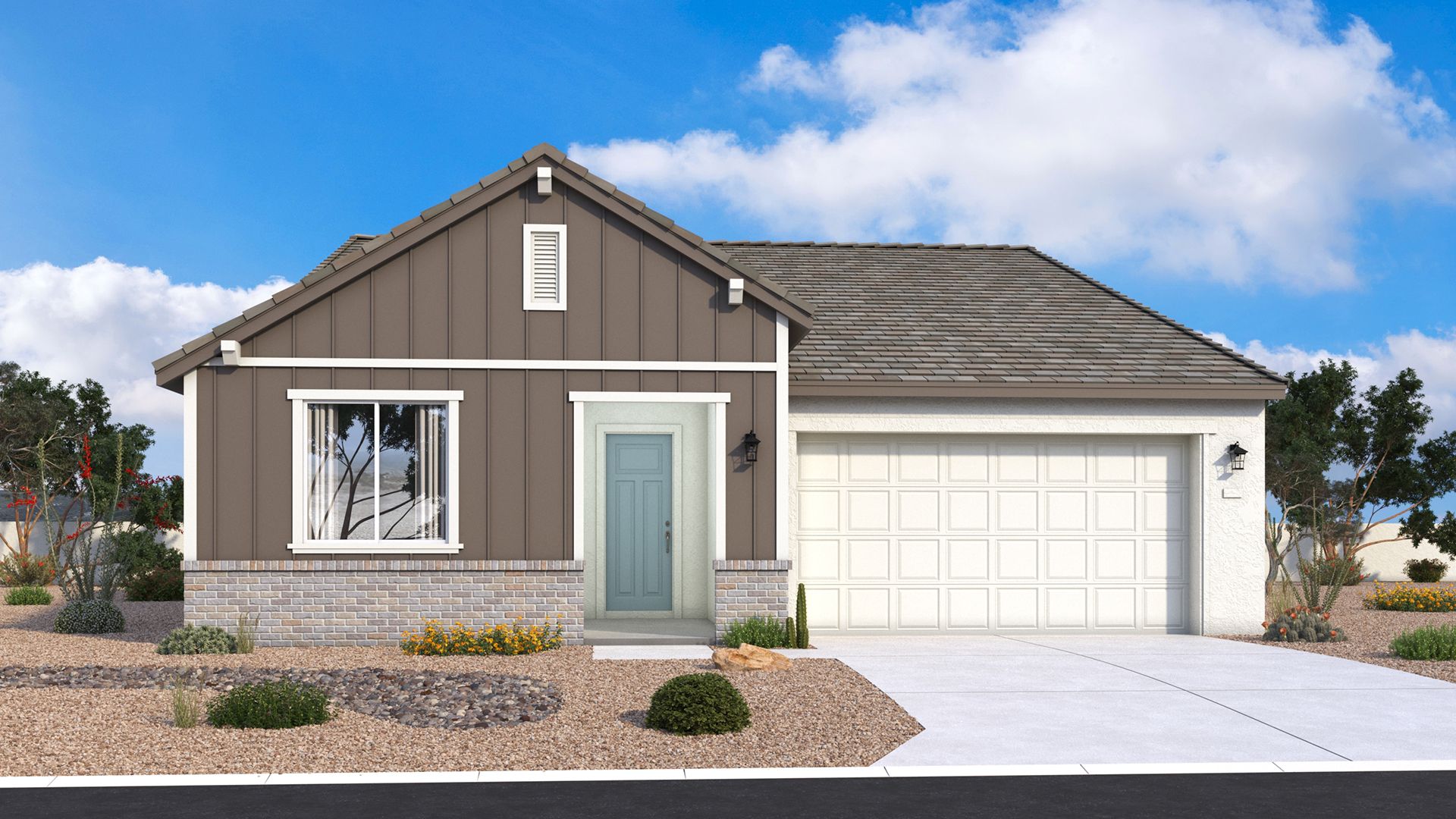 Farmhouse-style single-level Mead exterior with clean lines, welcoming details and timeless character by DRB Homes Arizona