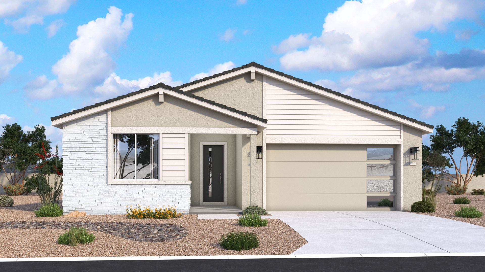 Mid-century modern single-level Mead exterior with strong lines and its refined architectural details by DRB Homes in Arizona