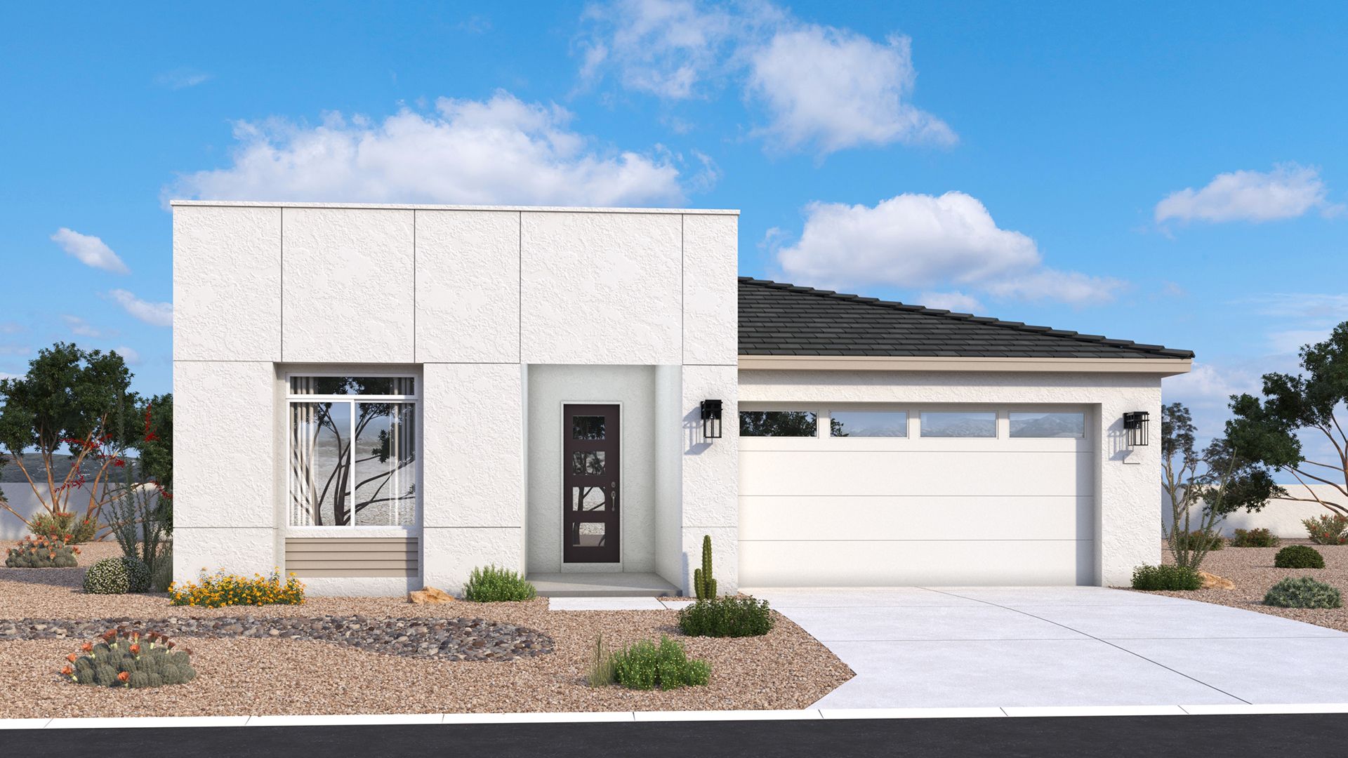 Modern single-level Mead exterior with strong lines, balanced proportions and architectural details by DRB Homes in Arizona.
