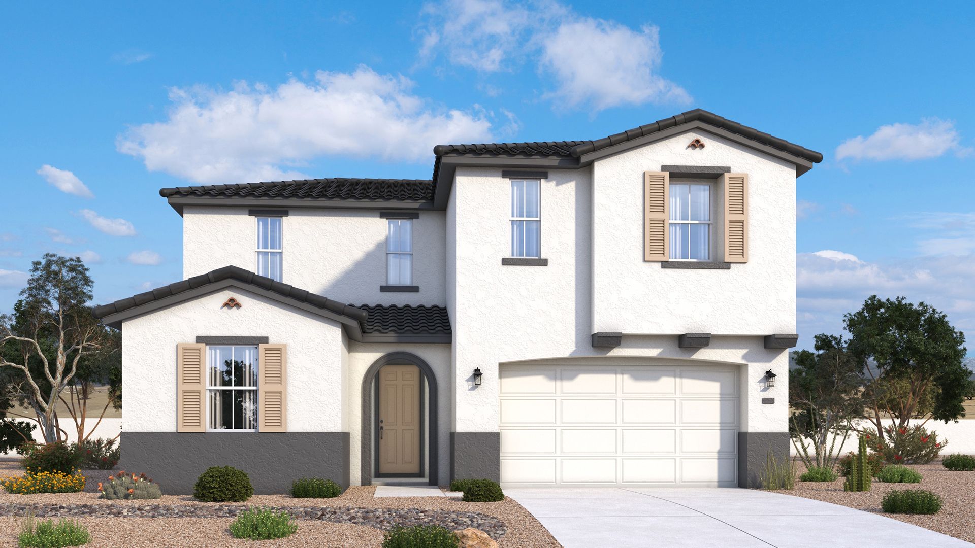 Spanish-style two-story Pleasant home exterior with warm stucco and rich arched architectural details by DRB Homes in Arizona