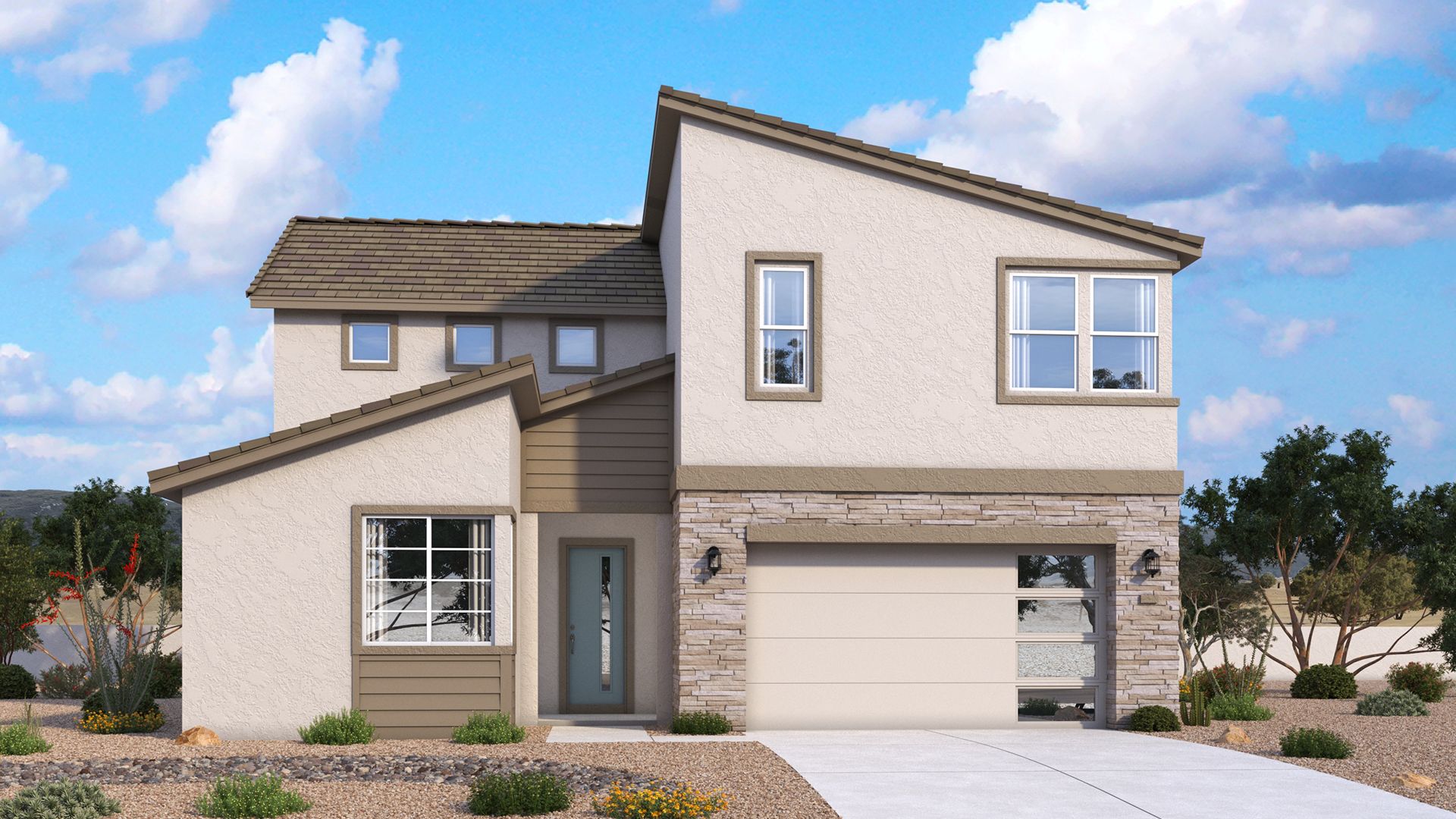 Mid-century modern two-story Pleasant exterior with strong lines and a balanced architectural design by DRB Homes in Arizona.