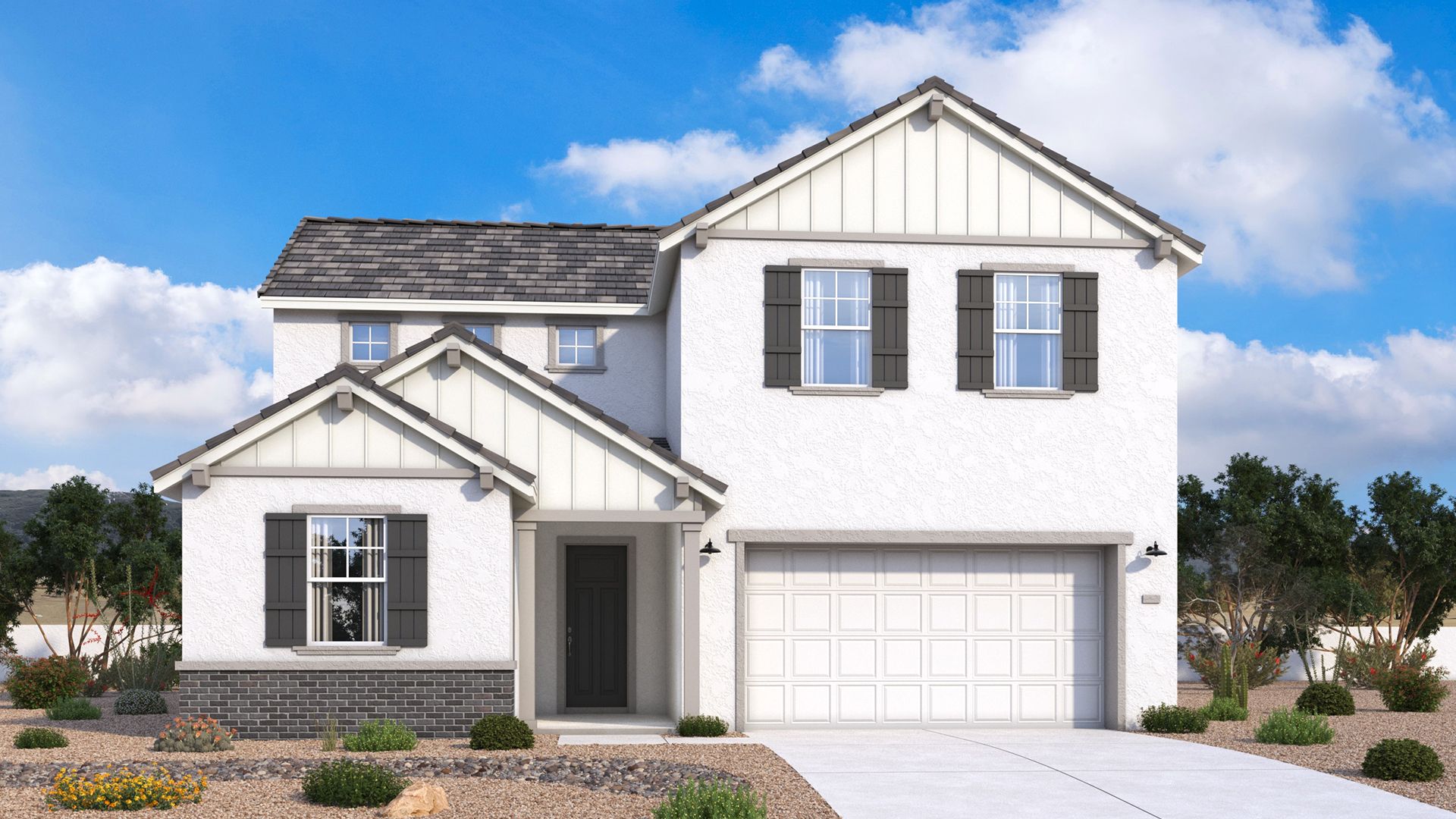 Farmhouse-style two-story Pleasant home exterior with clean lines and welcoming architectural details by DRB Homes in Arizona