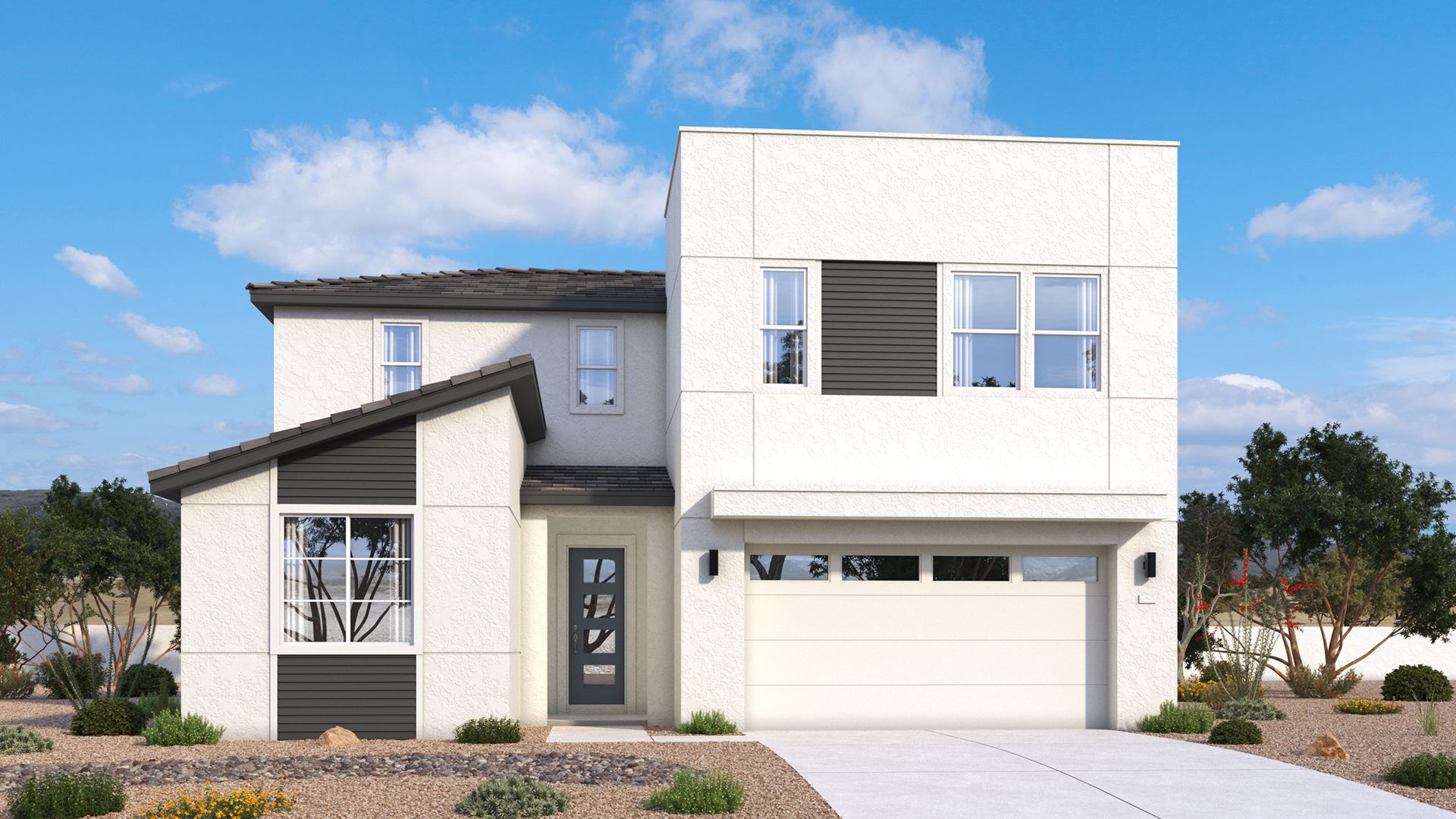 Modern two-story Pleasant exterior with strong lines, balanced proportions and architectural details by DRB Homes in Arizona