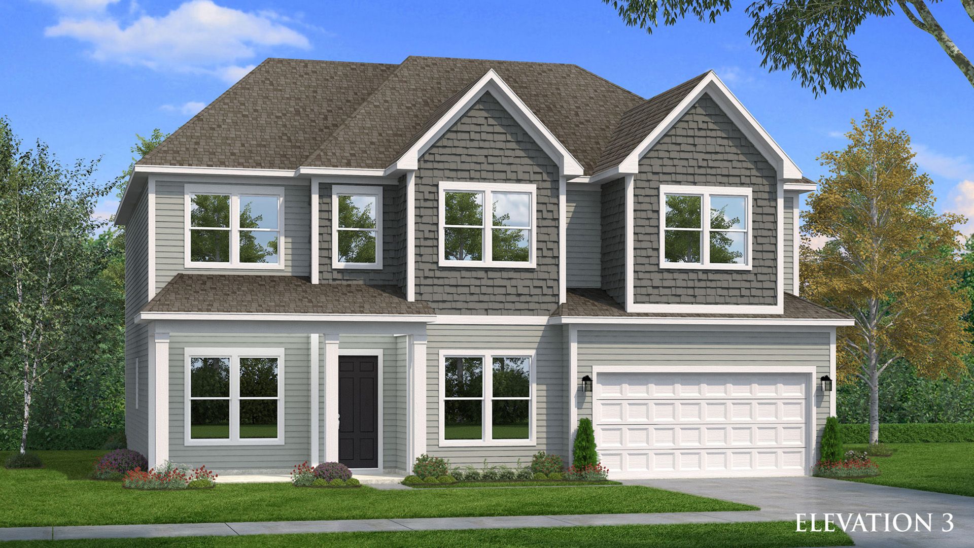 Exterior elevation rendering with light Hardie siding and accent siding