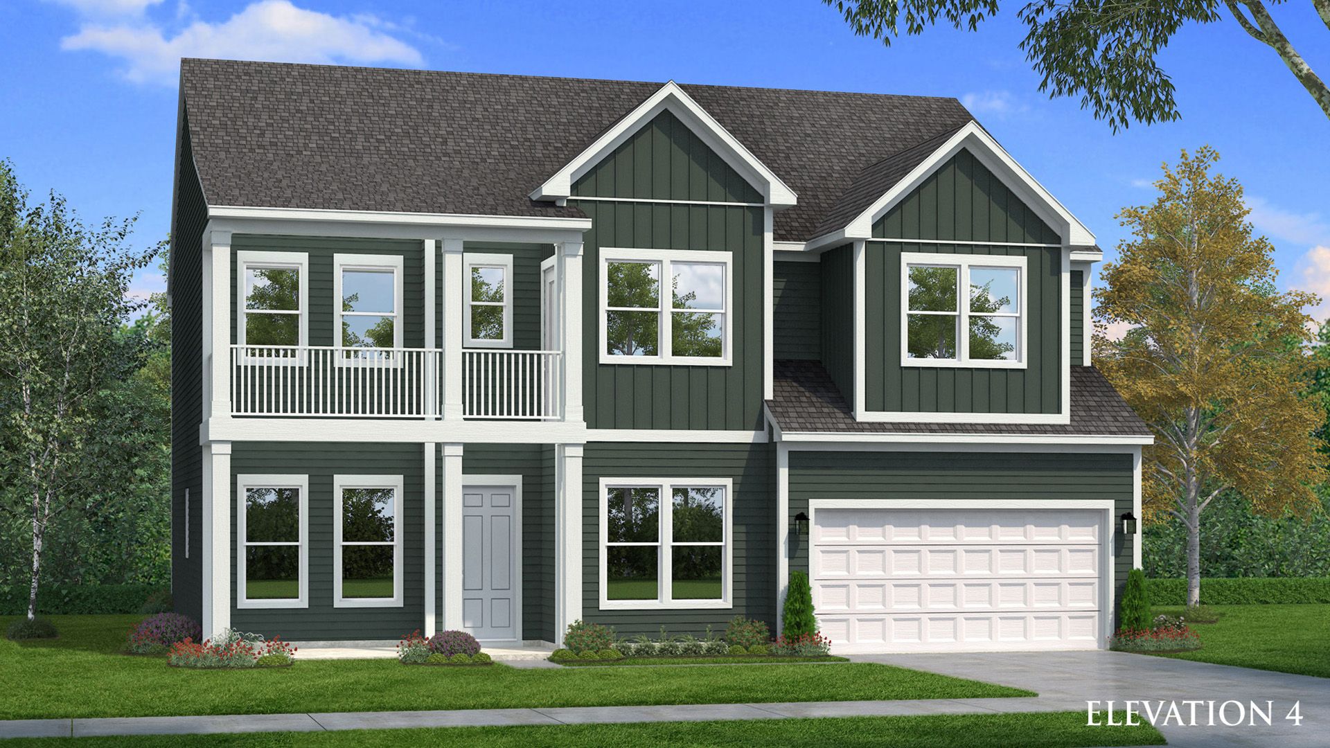 Exterior elevation rendering with board and batten Hardie accent siding and second level balcony