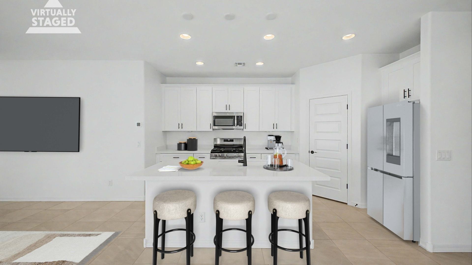 Stylish staged kitchen in this quick move-in home by DRB Homes at Saguaro Hills at Vistancia, 32371 N 123rd Dr, Peoria, AZ.