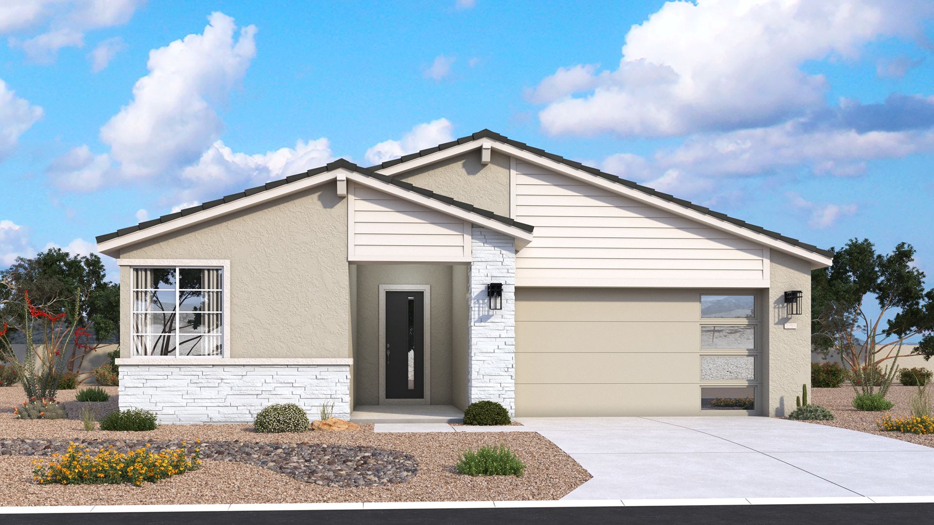 Mid-century modern Bartlett exterior with clean lines and classic architectural details by DRB Homes in Arizona.