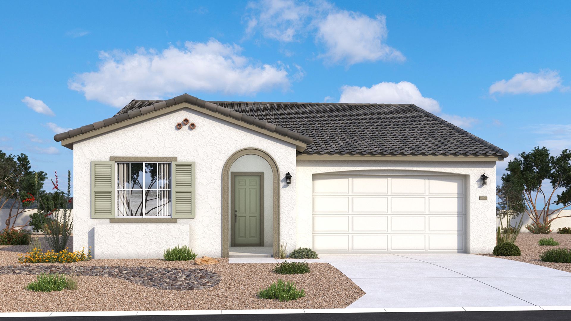 Spanish-style Bartlett home exterior with warm stucco, tiled roof and classic architectural details by DRB Homes in Arizona.