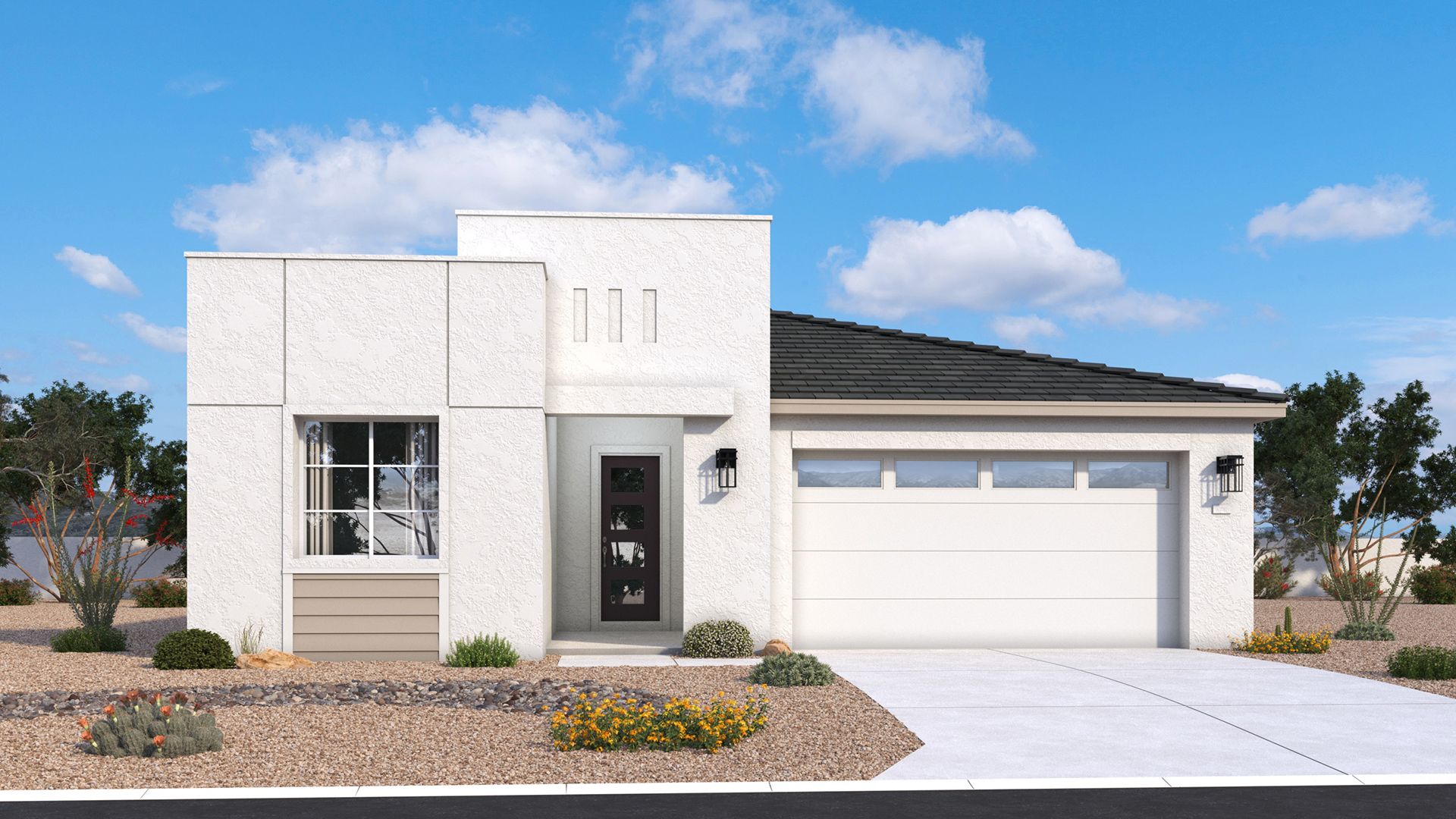 New modern Bartlett home exterior with bold rooflines, clean lines and striking architectural details by DRB Homes in Arizona