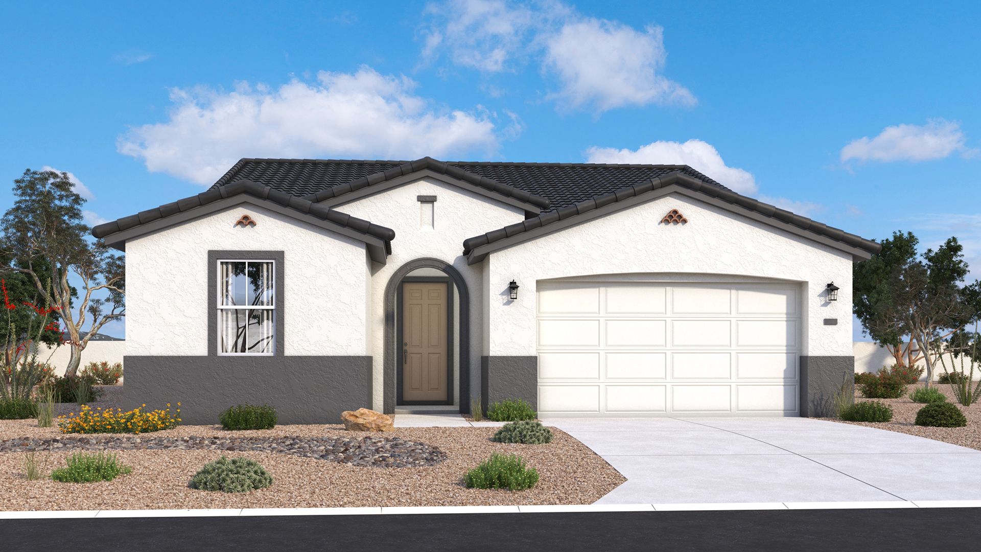 Spanish-style single-level Horseshoe exterior with warm stucco, arches and timeless desert character by DRB Homes in Arizona.