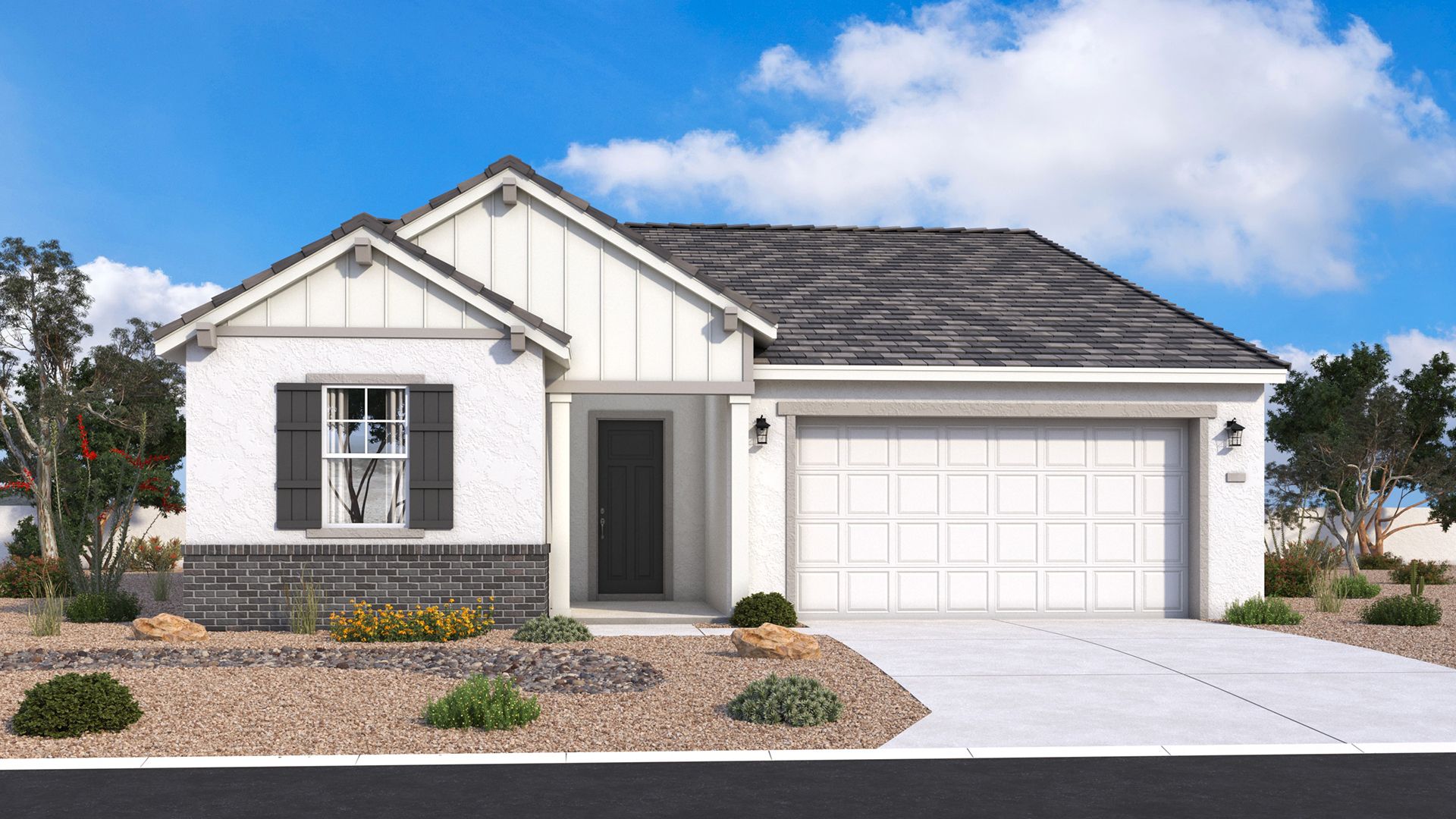 Farmhouse-style single-level Horseshoe exterior with clean lines, welcoming details, timeless character by DRB Homes Arizona