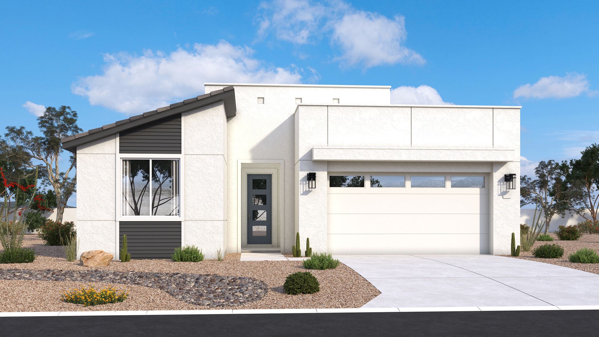 Modern single-level Horseshoe exterior with bold lines, balanced form and fine architectural details by DRB Homes in Arizona