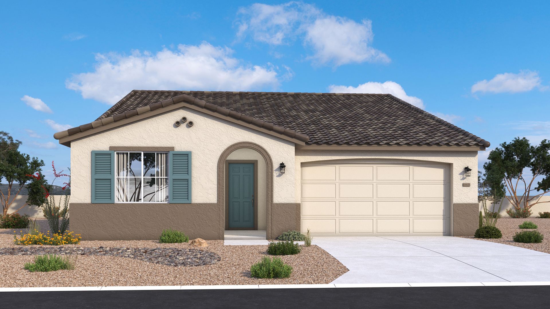 Spanish-style single-level Mead home exterior with warm stucco, arches and timeless desert character by DRB Homes in Arizona.