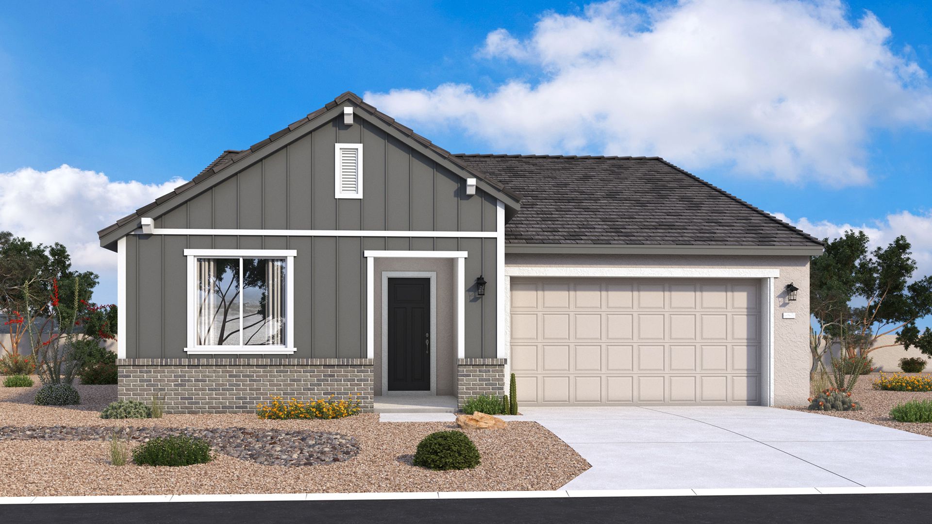 Farmhouse-style single-level Mead exterior with clean lines, welcoming details and timeless character by DRB Homes Arizona