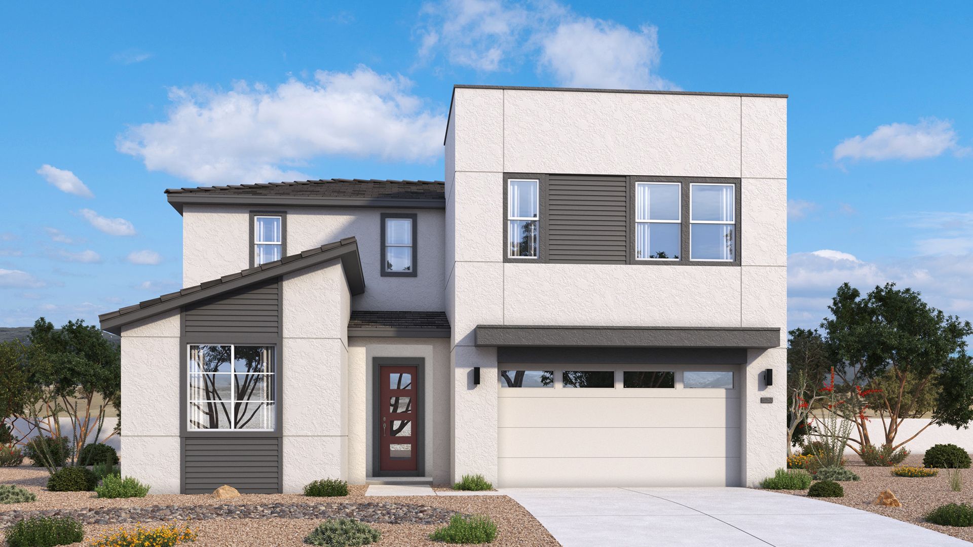 Modern two-story Pleasant exterior with strong lines, balanced proportions and architectural details by DRB Homes in Arizona