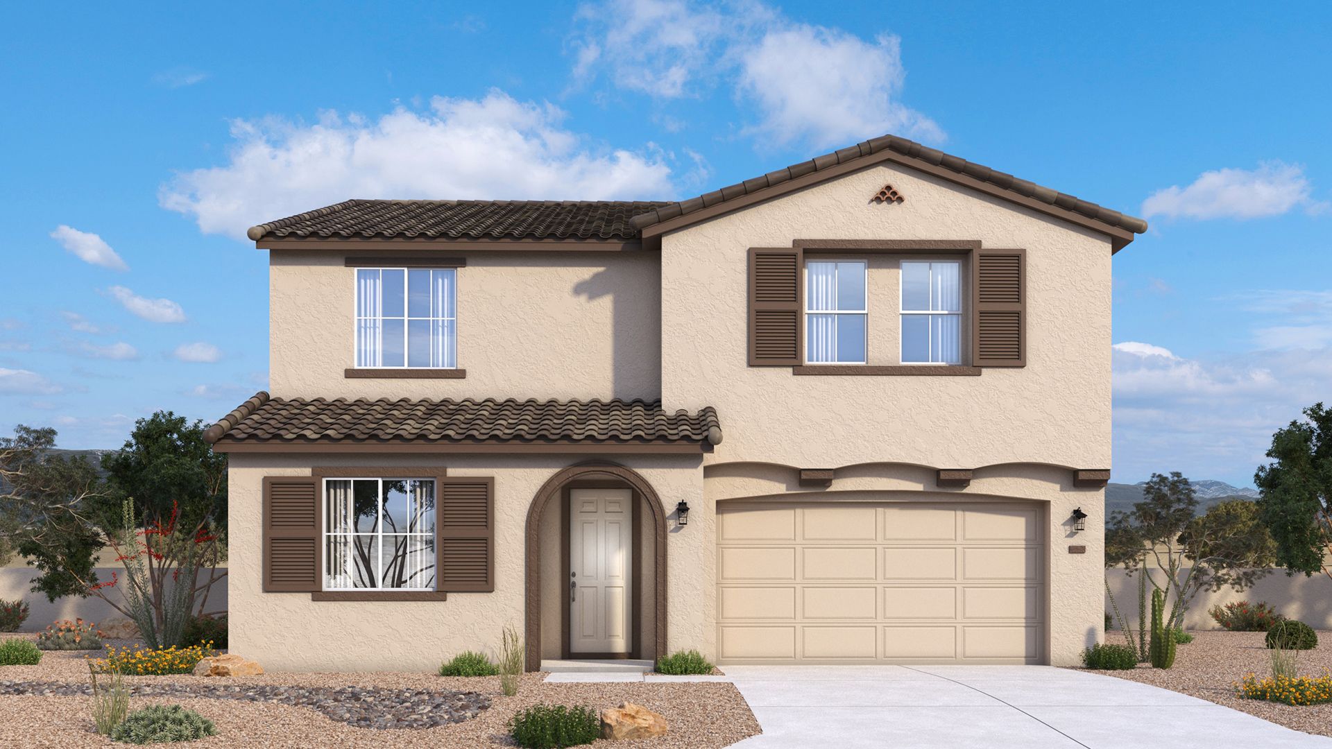 Spanish-style Powell home exterior with warm stucco, arched details and a timeless desert character by DRB Homes in Arizona.