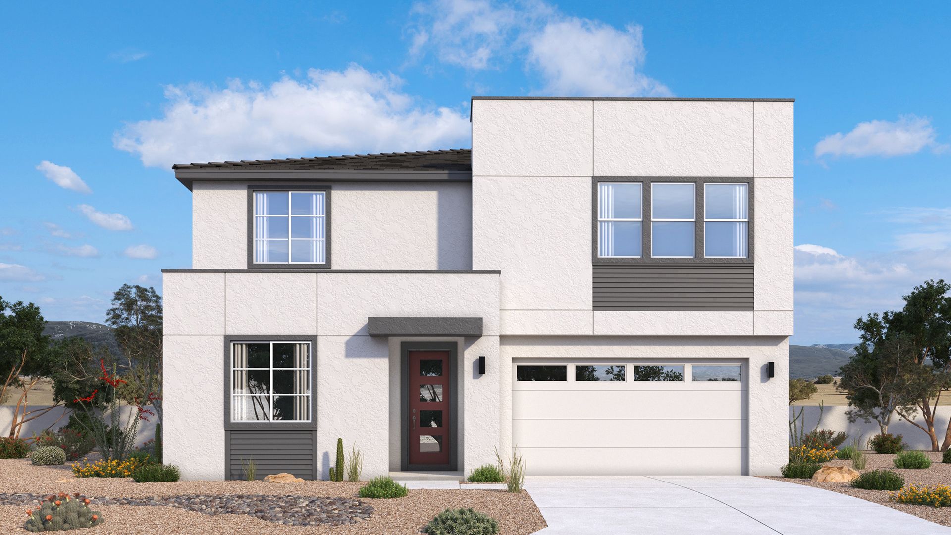 Modern Powell home exterior with strong lines, balanced proportions and clean architectural details by DRB Homes in Arizona.