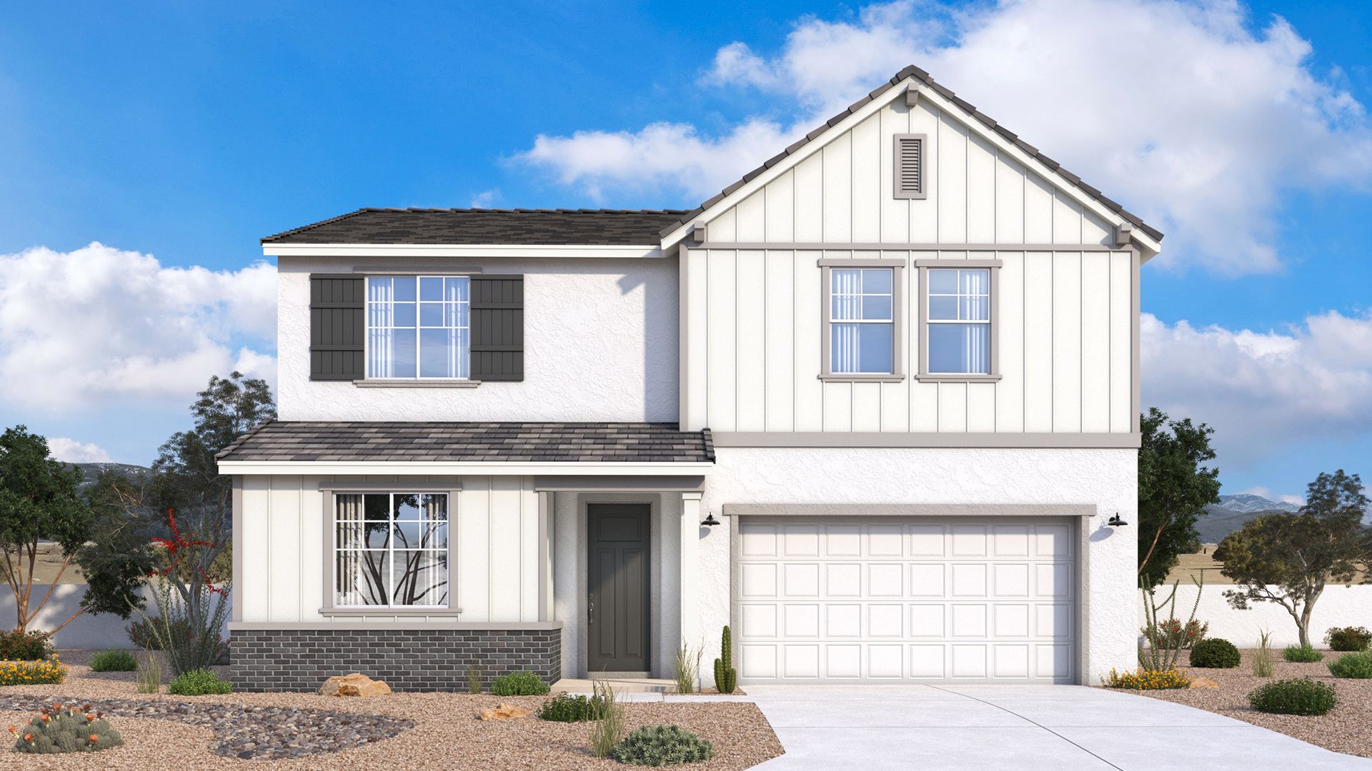 Farmhouse-style Powell home exterior with clean lines, warm, welcoming details and timeless character by DRB Homes in Arizona